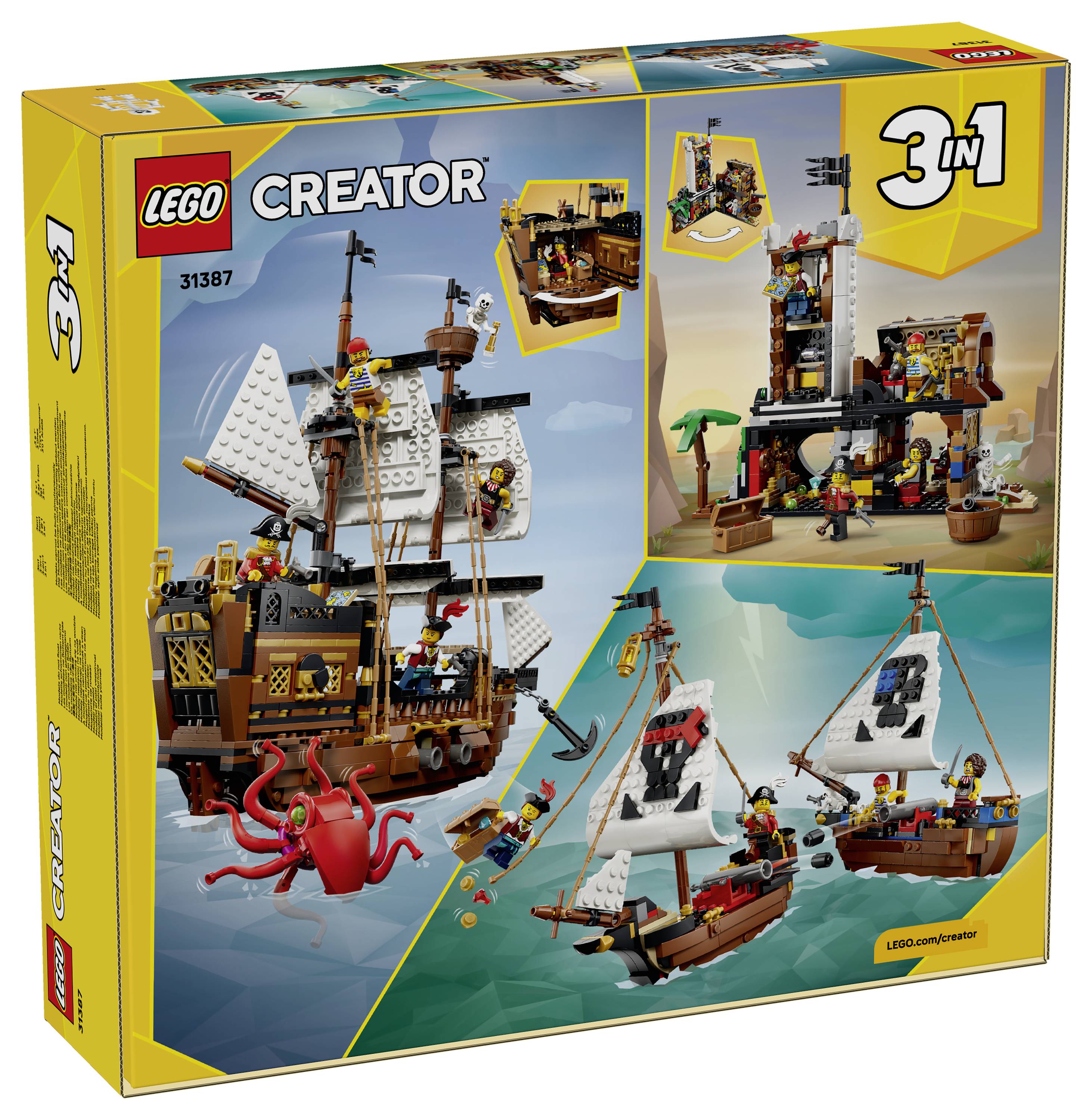 LEGO Creator 3-in-1 Piratenschiff-Set-Schachtel mit drei Bauoptionen: ein großes Piratenschiff, eine Piraten-Tavernen-Szene und zwei kleinere Segelschiffe.