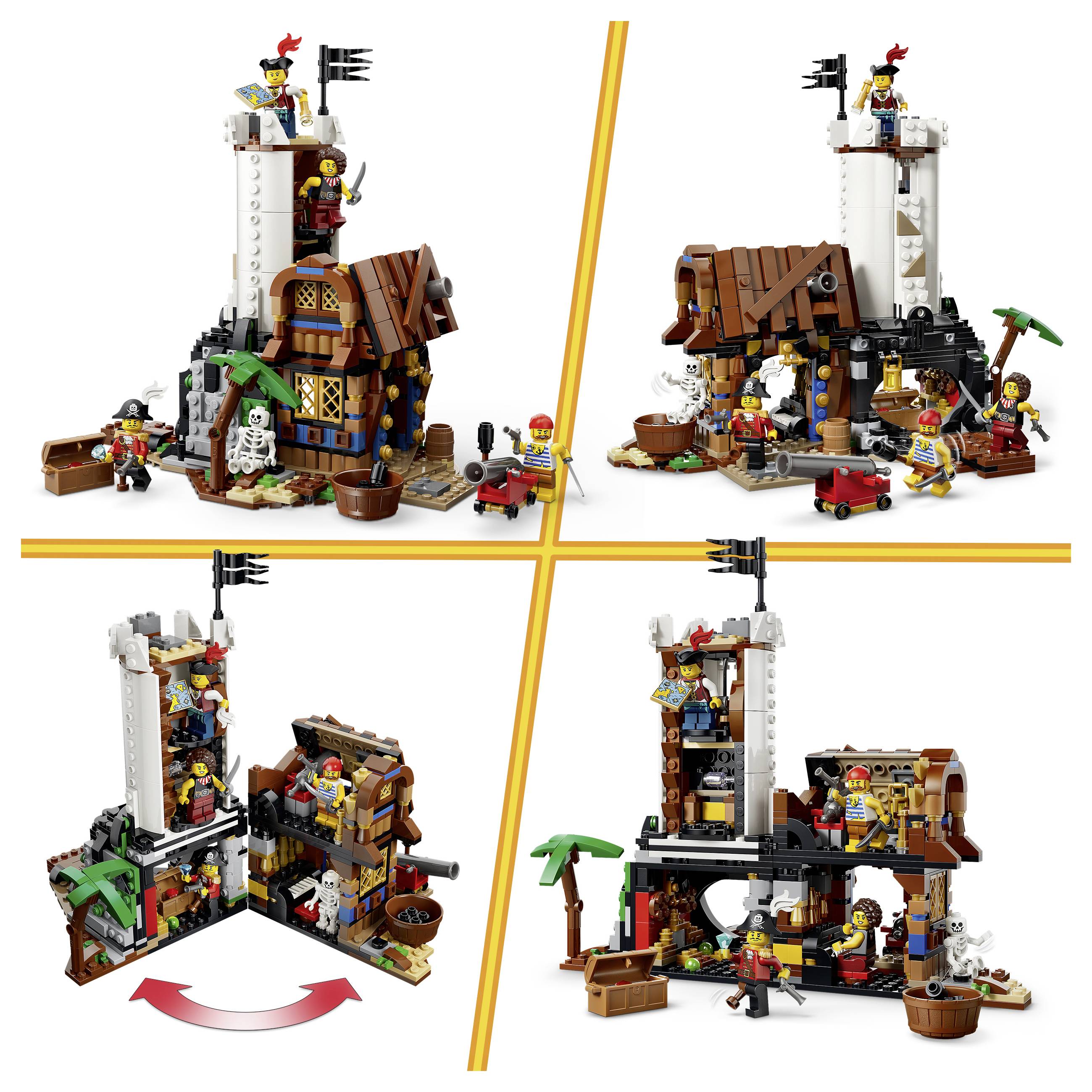 Vier Ansichten eines LEGO-Piraten-Festungsspielsets, die das Modell aus verschiedenen Winkeln und sein geöffnetes Inneres mit Minifiguren, Waffen und Zubehör zeigen.