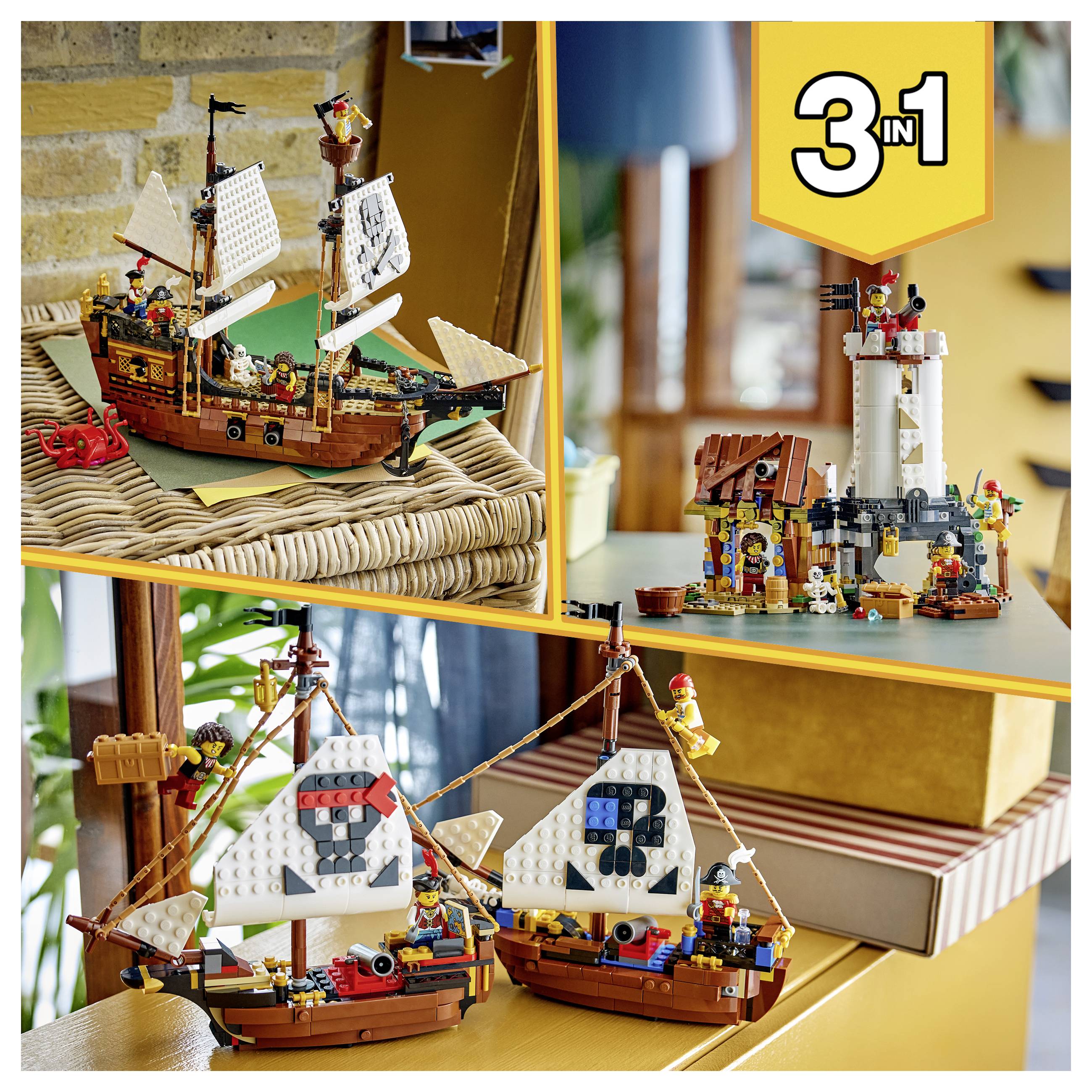 Collage von LEGO-Piraten-Sets, einschließlich eines Schiffes, einer Leuchtturm-Festung und zwei kleiner Segelboote, mit einem „3 in 1