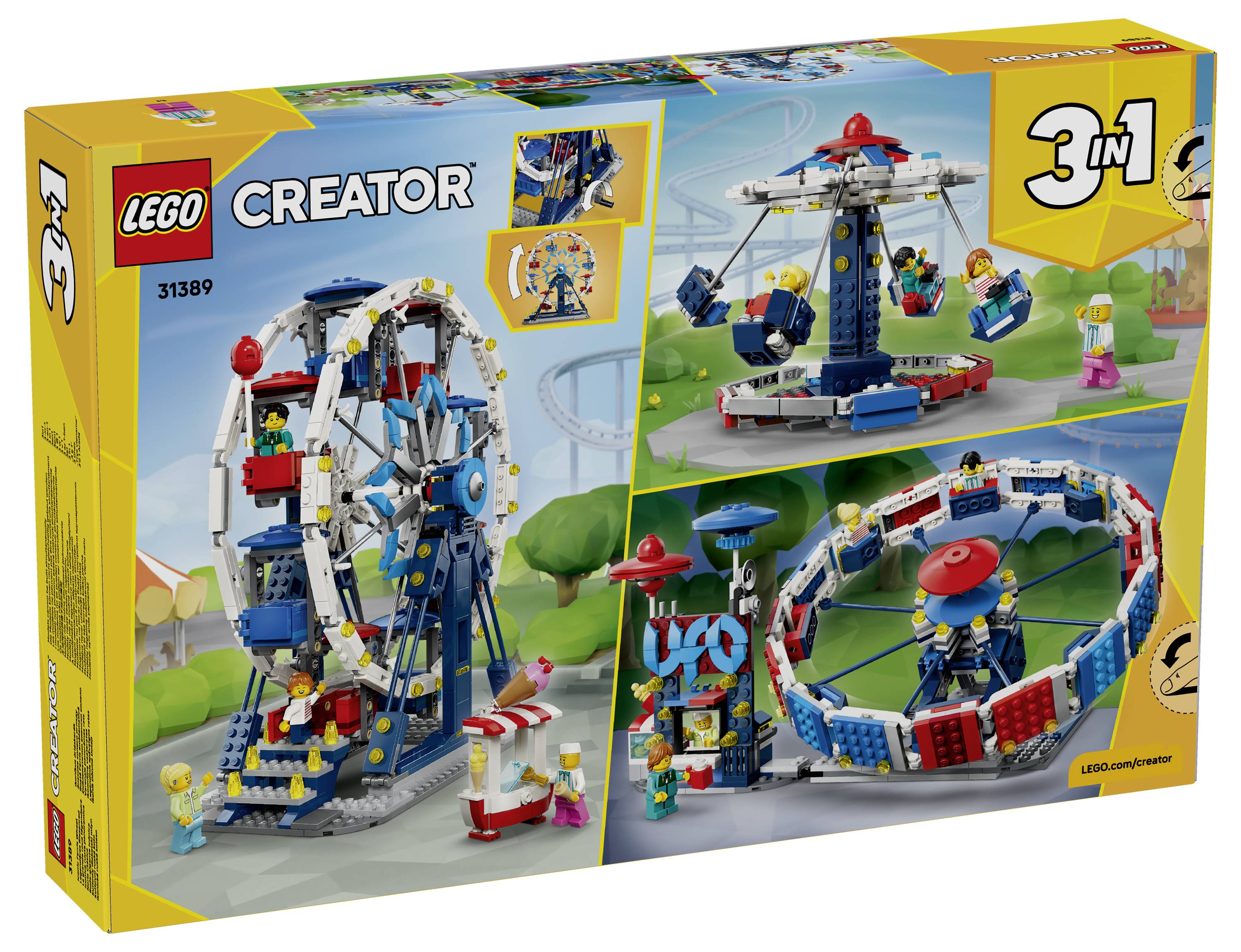 LEGO Creator 3-in-1 Set-Schachtel mit alternativen Konstruktionen eines Riesenrads, einer Schaukelfahrt und einer drehenden Vergnügungsparkfahrt.