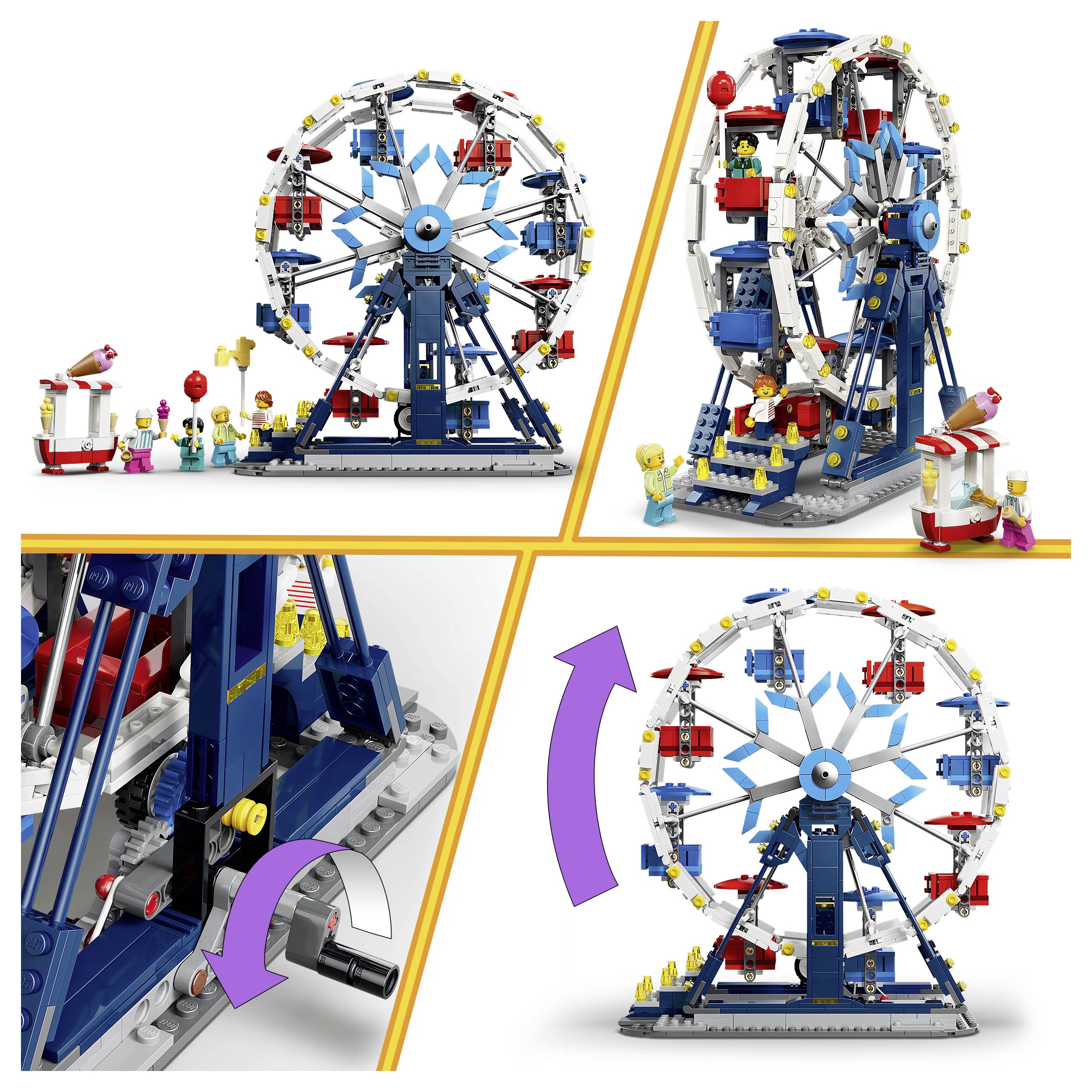 Collage eines LEGO-Riesenrades-Spielsets, das die zusammengebaute Fahrt, eine Seitenansicht, eine Nahaufnahme des Handkurbelmechanismus und einen Pfeil zeigt, der anzeigt, dass es sich dreht.