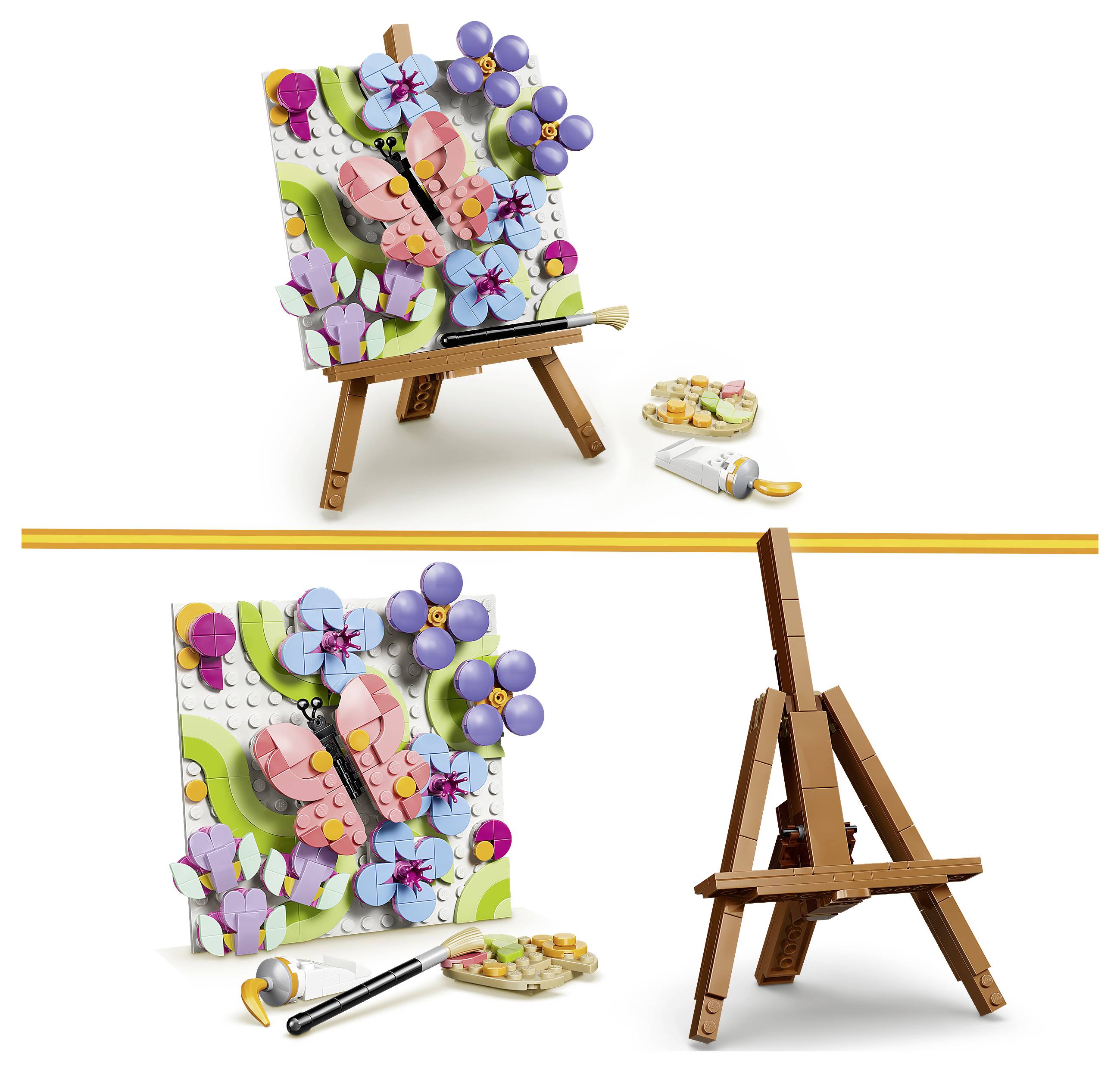 LEGO-Stil-Blumenmosaik auf einer Staffelei, gezeigt mit einem Pinsel und einer Palette, und eine zweite Ansicht der geöffneten Staffelei neben dem fertigen Kunstwerk.