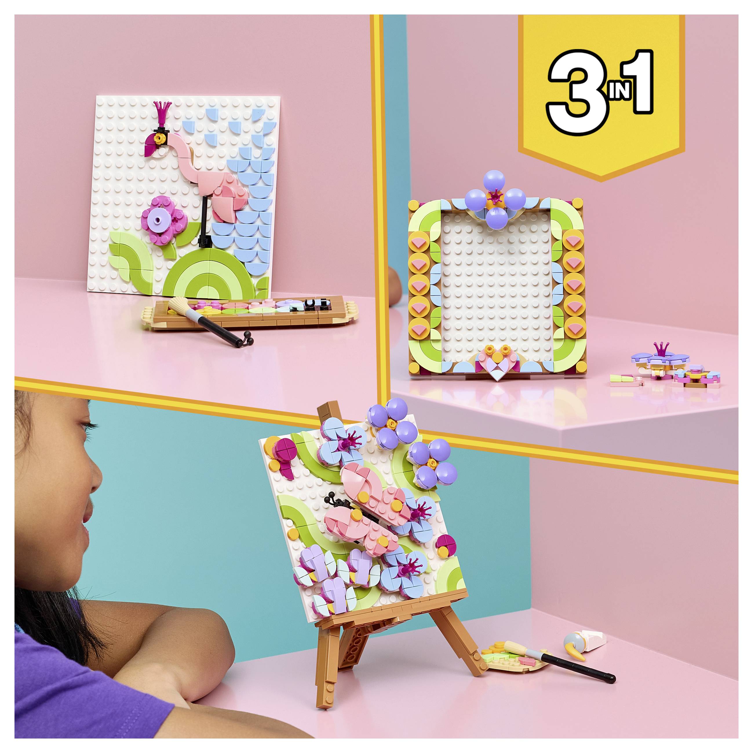 3-in-1-Bastelset in drei Setups gezeigt: ein Schmetterlings-Mosaik auf einem Ausstellungsständer, ein leerer Rahmen mit Schaumstoffteilen und ein Kind, das einen weiteren Ständer dekoriert.