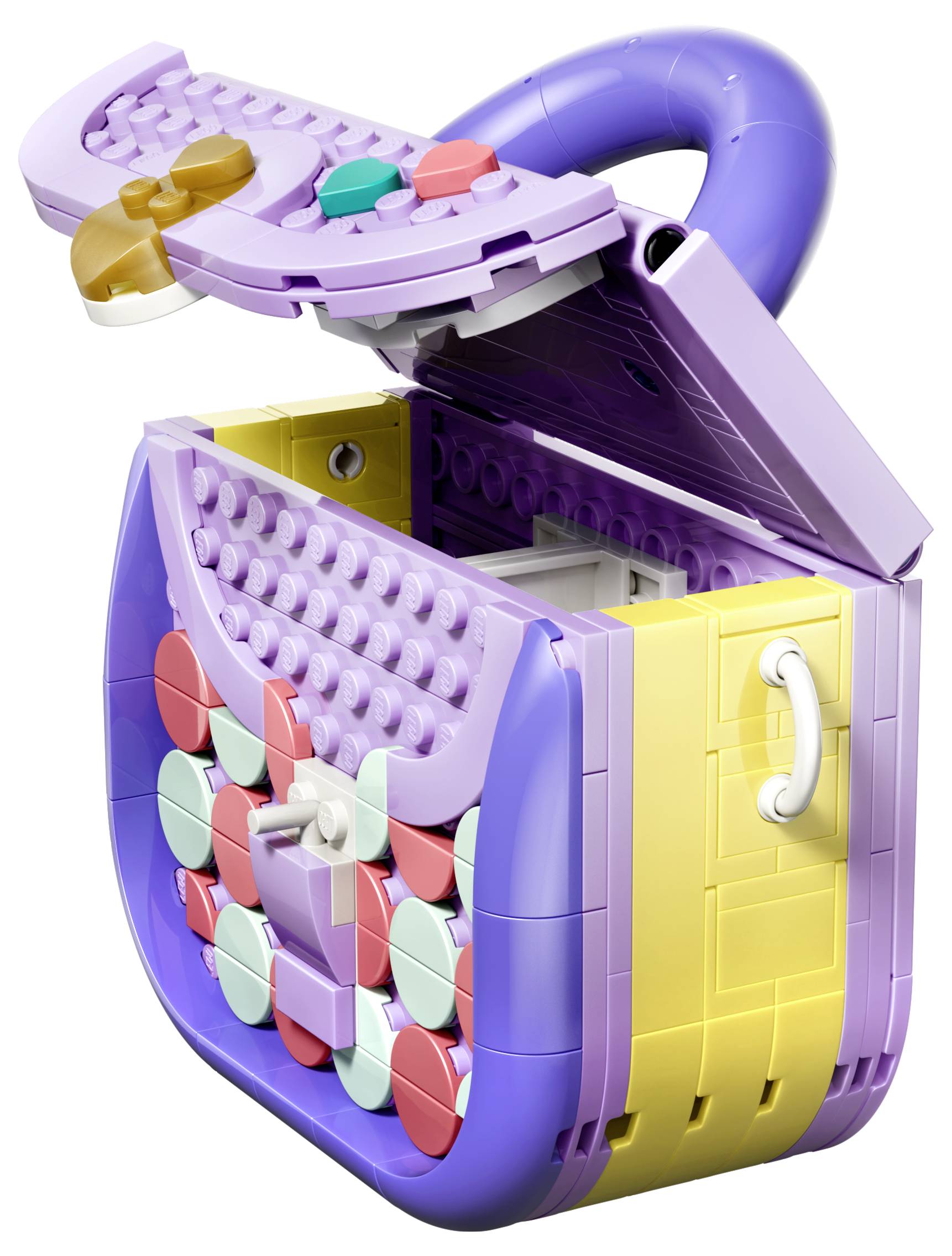 Ein farbenfroher, spielzeugähnlicher Kunststoffkoffer oder eine Lunchbox mit Scharnierdeckel, verziert mit pastellfarbenen geometrischen Kacheln und einem Griff oben.