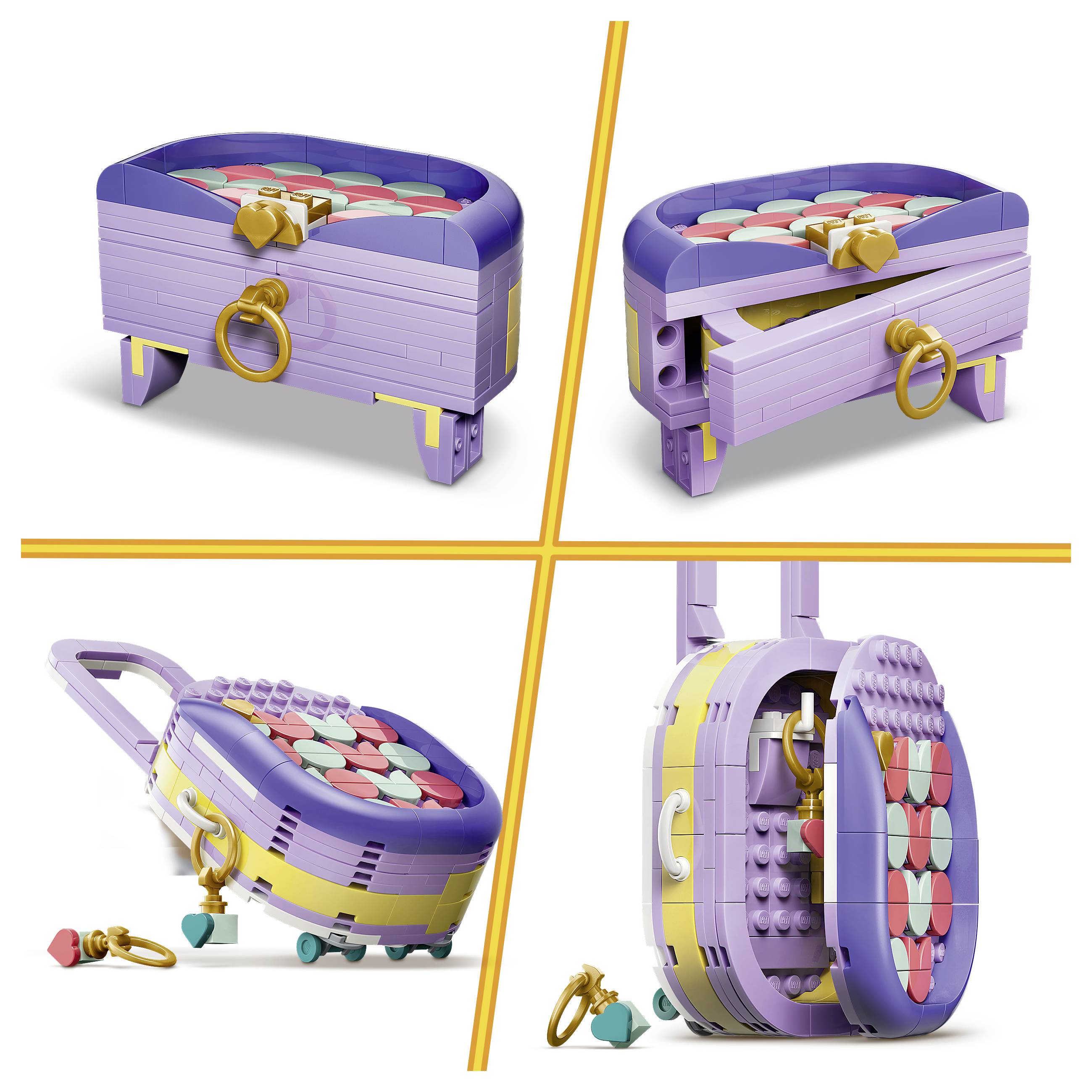 Vier Ansichten eines violetten LEGO-ähnlichen Koffers mit goldenem Ringgriff, einschließlich offener und seitlicher Ansichten, die ein Spielzeug-Reisekofferdesign zeigen.