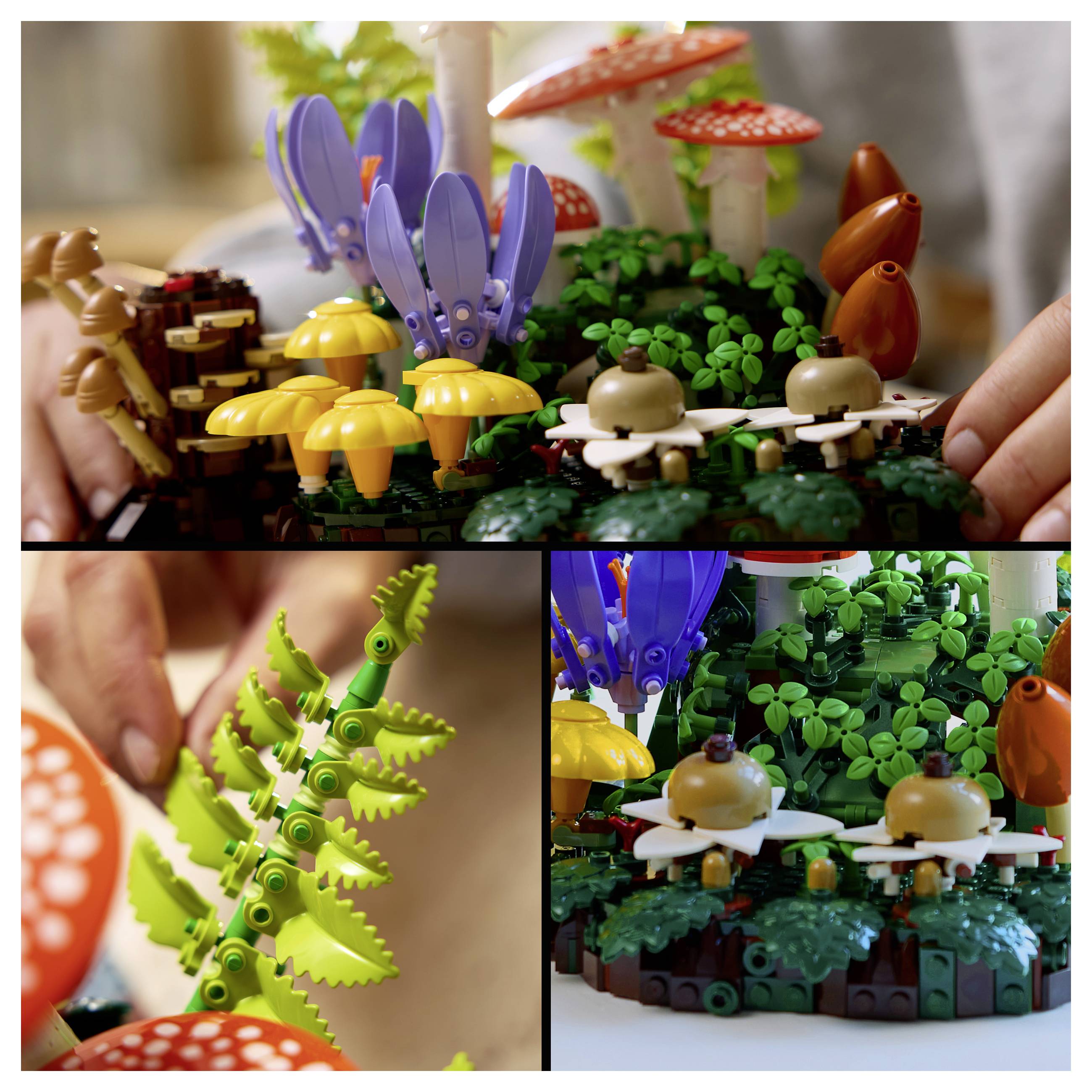 Collage von Händen, die eine bunte LEGO-Pilz-und-Pflanzenszenerie mit gelben, violetten, roten und grünen Bausteinen auf einer waldähnlichen Basis zusammensetzen.