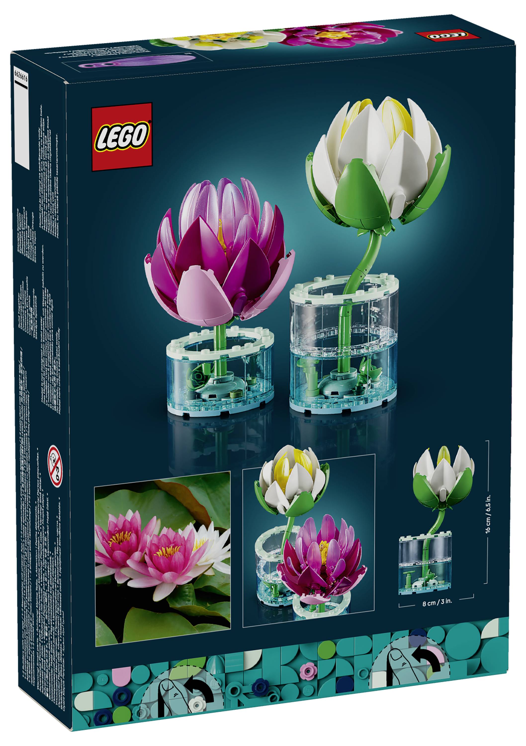 LEGO-Schachtel mit zwei zusammenbaubaren Blumenmodellen in durchsichtigen vasenähnlichen Sockeln: eine rosa Lotusblume und eine weiß-grüne Blume, mit kleineren Produktabbildungen auf der Vorderseite.