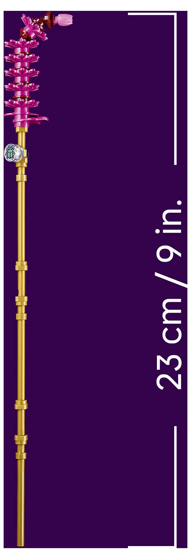 Rosa und goldene Angelrute vertikal auf violettem Hintergrund dargestellt, mit der Beschriftung „23 cm / 9 Zoll