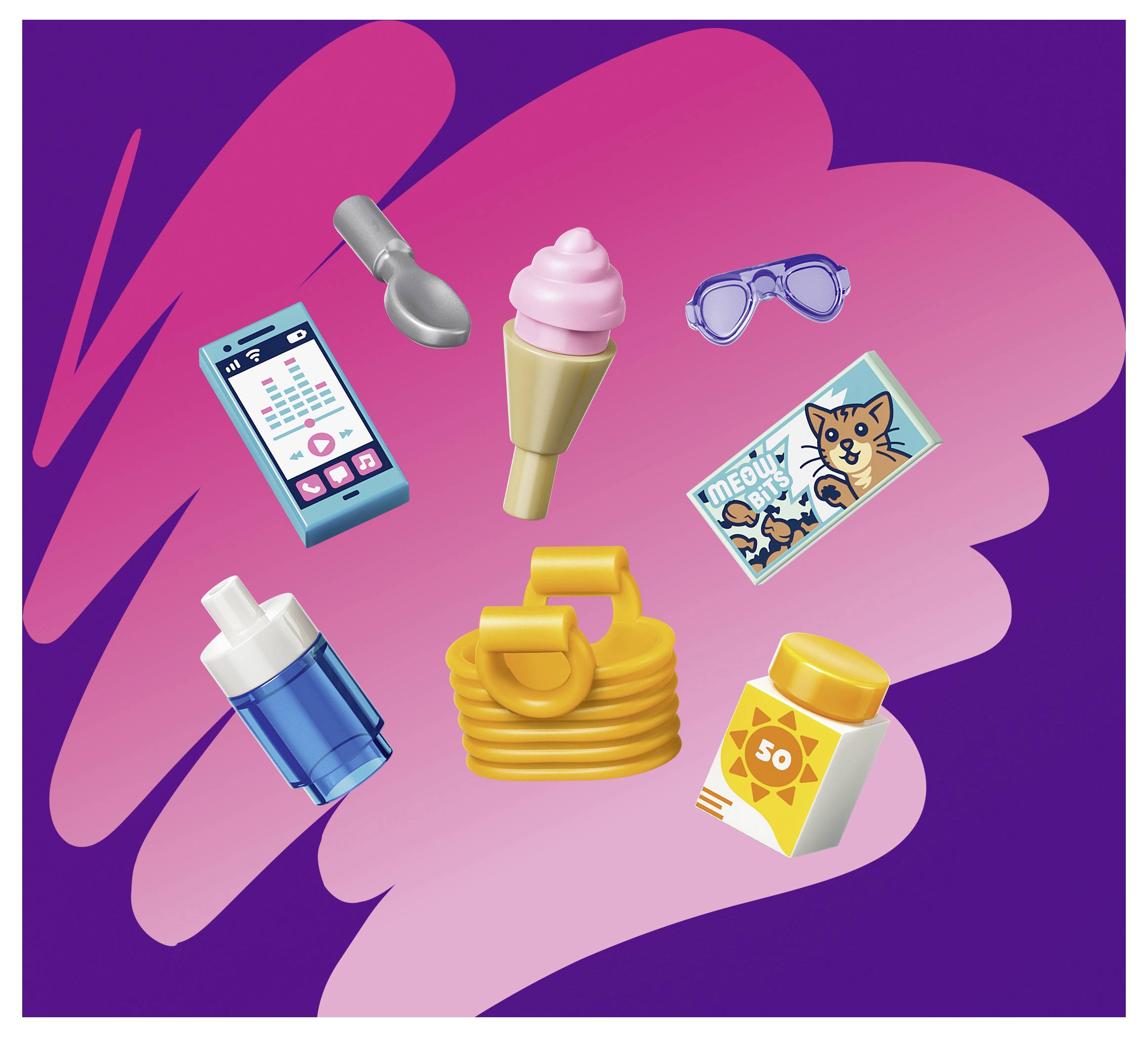 Assortierte Shopping- und Lifestyle-Symbole auf einem rosa Pinselstrich-Hintergrund, darunter ein Telefon, ein Turnschuh, ein Eis, eine Brille, eine Comic-Karte, eine Flasche, ein Stapel Pfannkuchen und Sonnencreme.