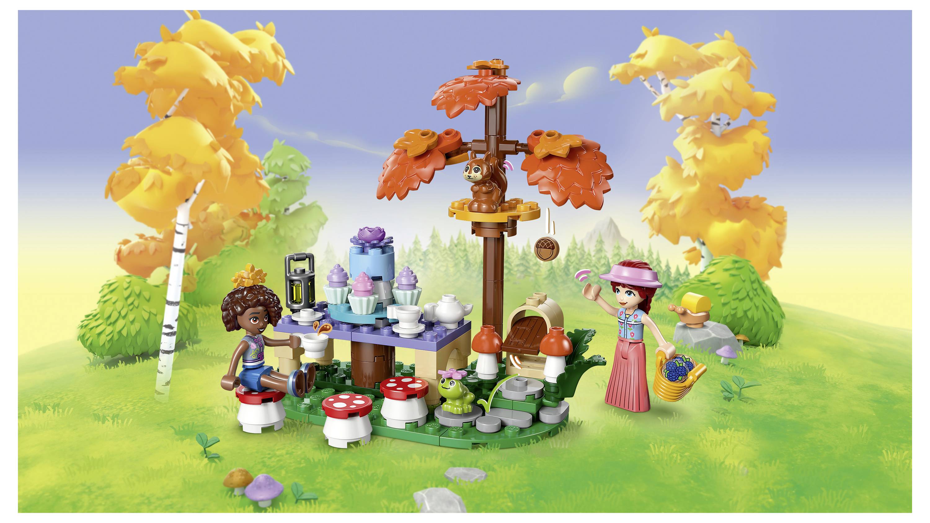 LEGO-ähnliche Waldteegesellschaft mit einem Mädchen an einem Tisch, einer weiteren Figur in der Nähe, Pilzen, Bäumen und Picknick-Accessoires in einer Lichtung auf Gras.