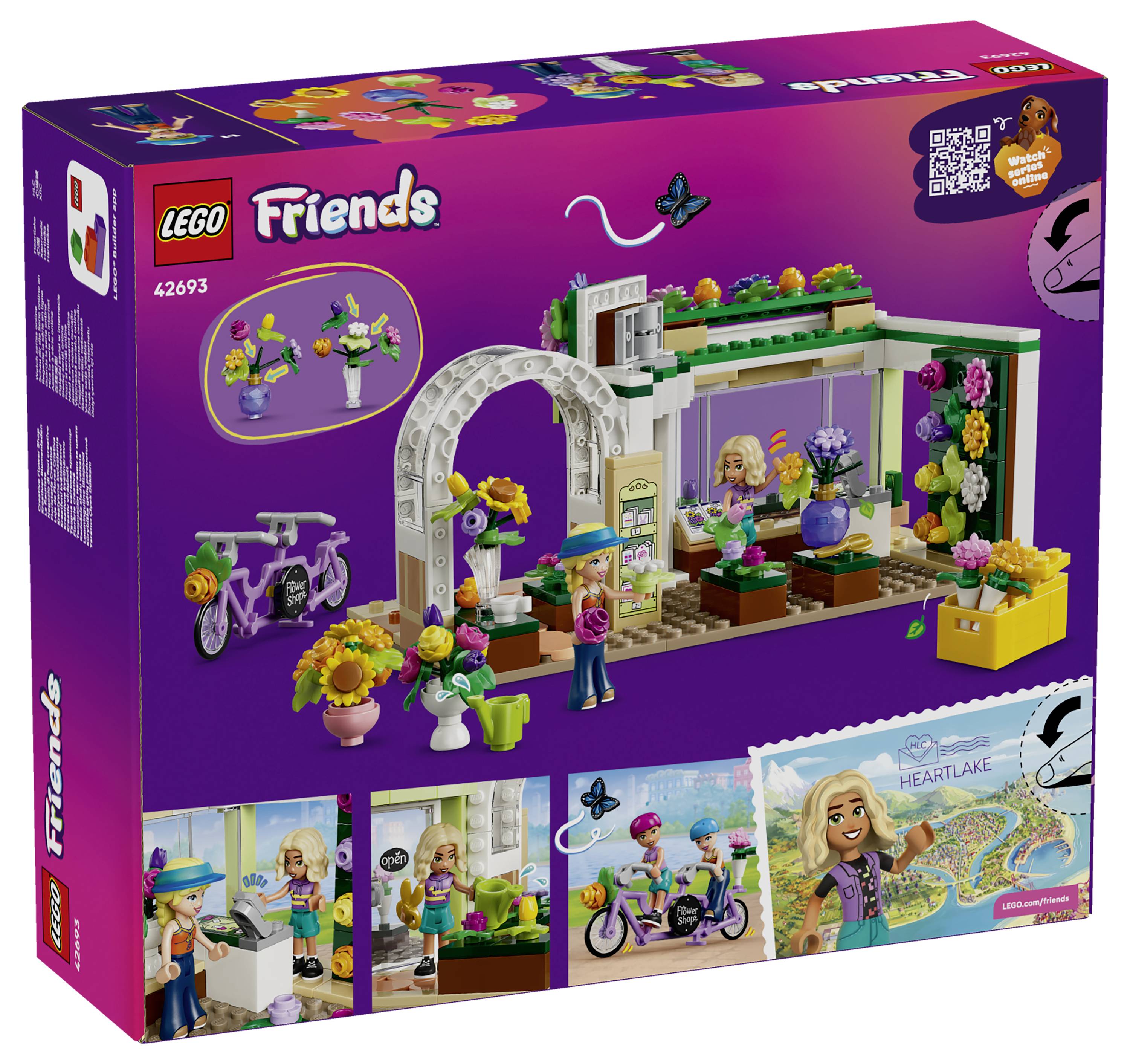 LEGO Friends 42693 Set-Packung mit einer Blumenladen-/Gartenszene mit zwei Minipuppen, einem Fahrrad und bunten Blumenzubehör.