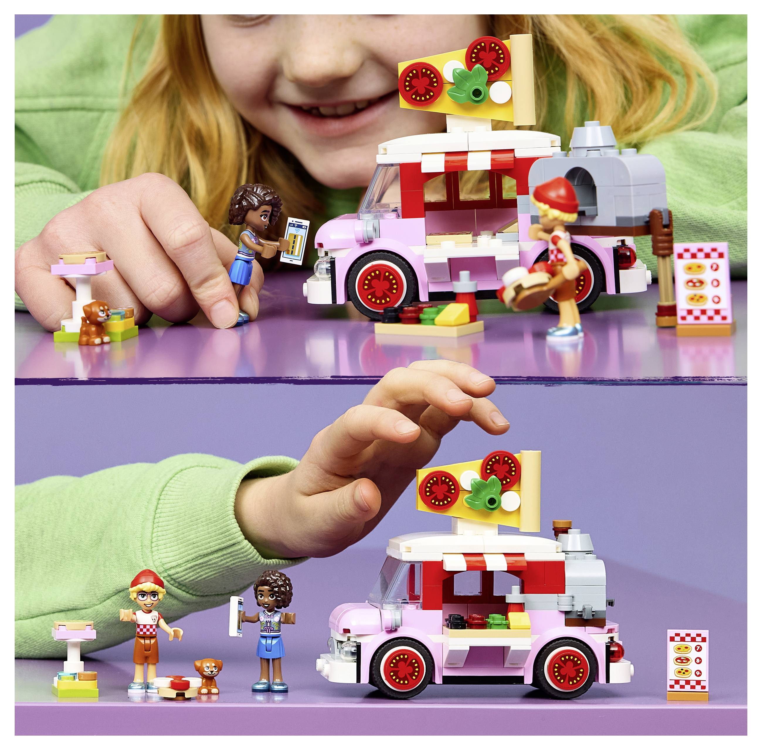 Kind spielt mit einem Spielzeug-Foodtruck und kleinen Figuren, der einen rosa-weißen LEGO-ähnlichen Imbisswagen mit Pizza- und Eisschilder zeigt.