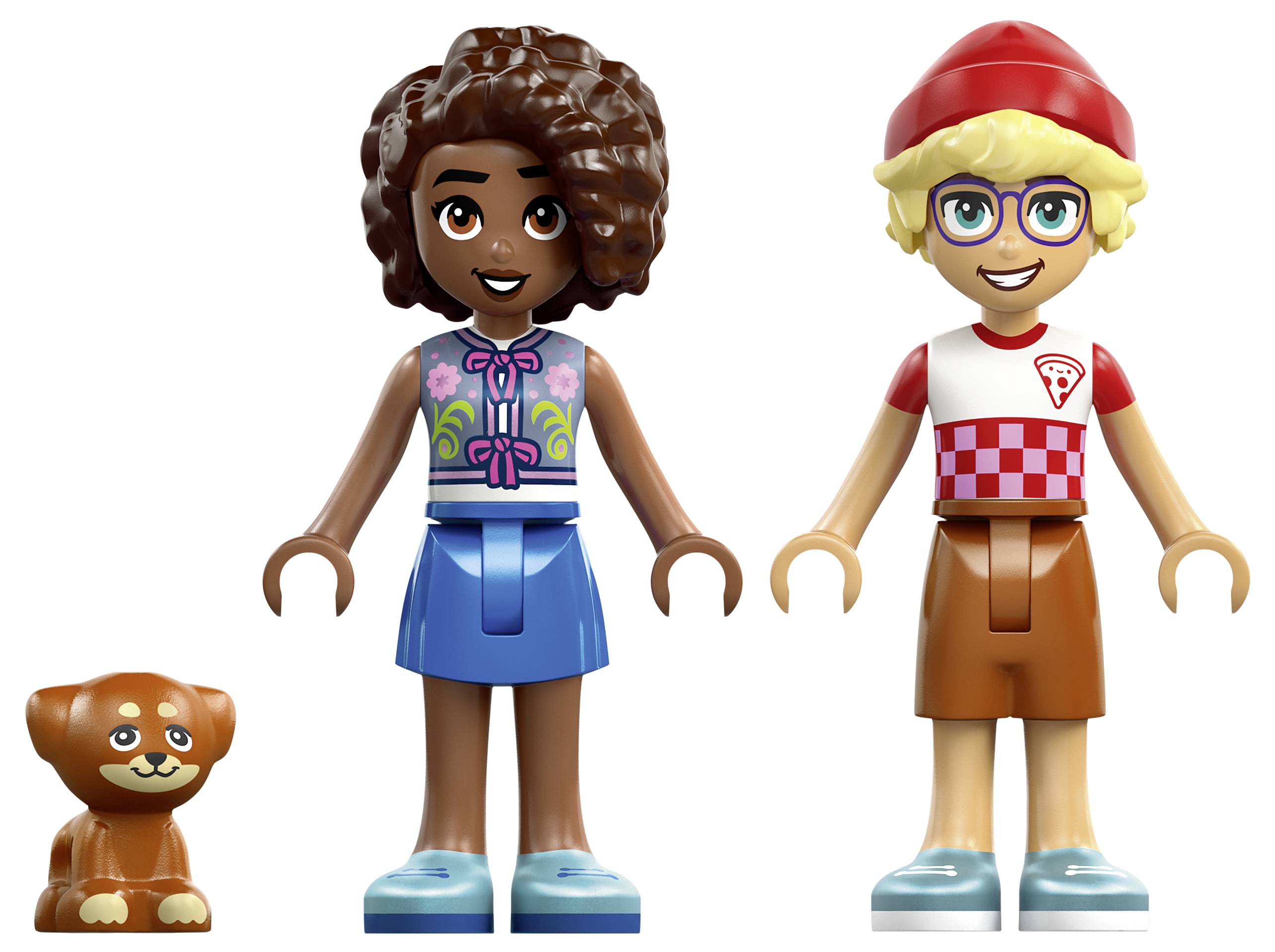 Illustriertes LEGO-ähnliches Set-Bild, das einen Charakterbau zeigt, der sich in verschiedene tierähnliche Figuren verwandelt, mit Nahaufnahmen von Vorher-Nachher-Paneelen des Hauptmodells.