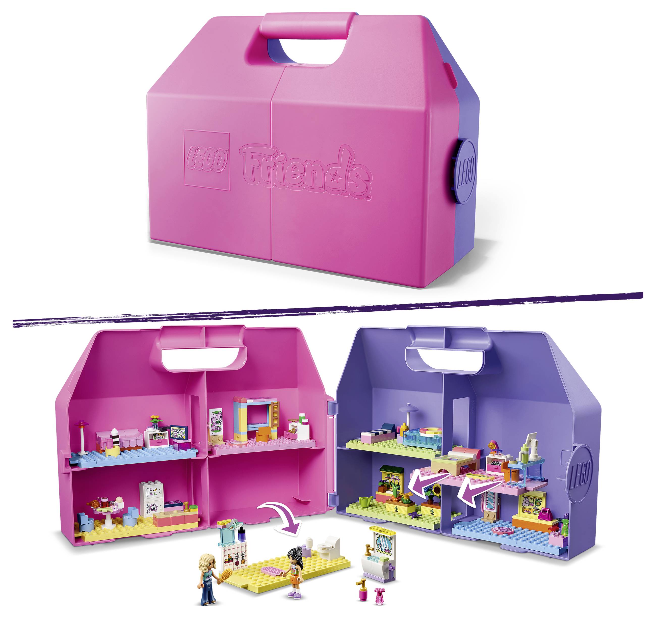 LEGO Friends Tragetasche, geschlossen und geöffnet dargestellt, mit rosa und lila Fächern, die kleine LEGO-Spielszenen und Minifiguren lagern und ausstellen.