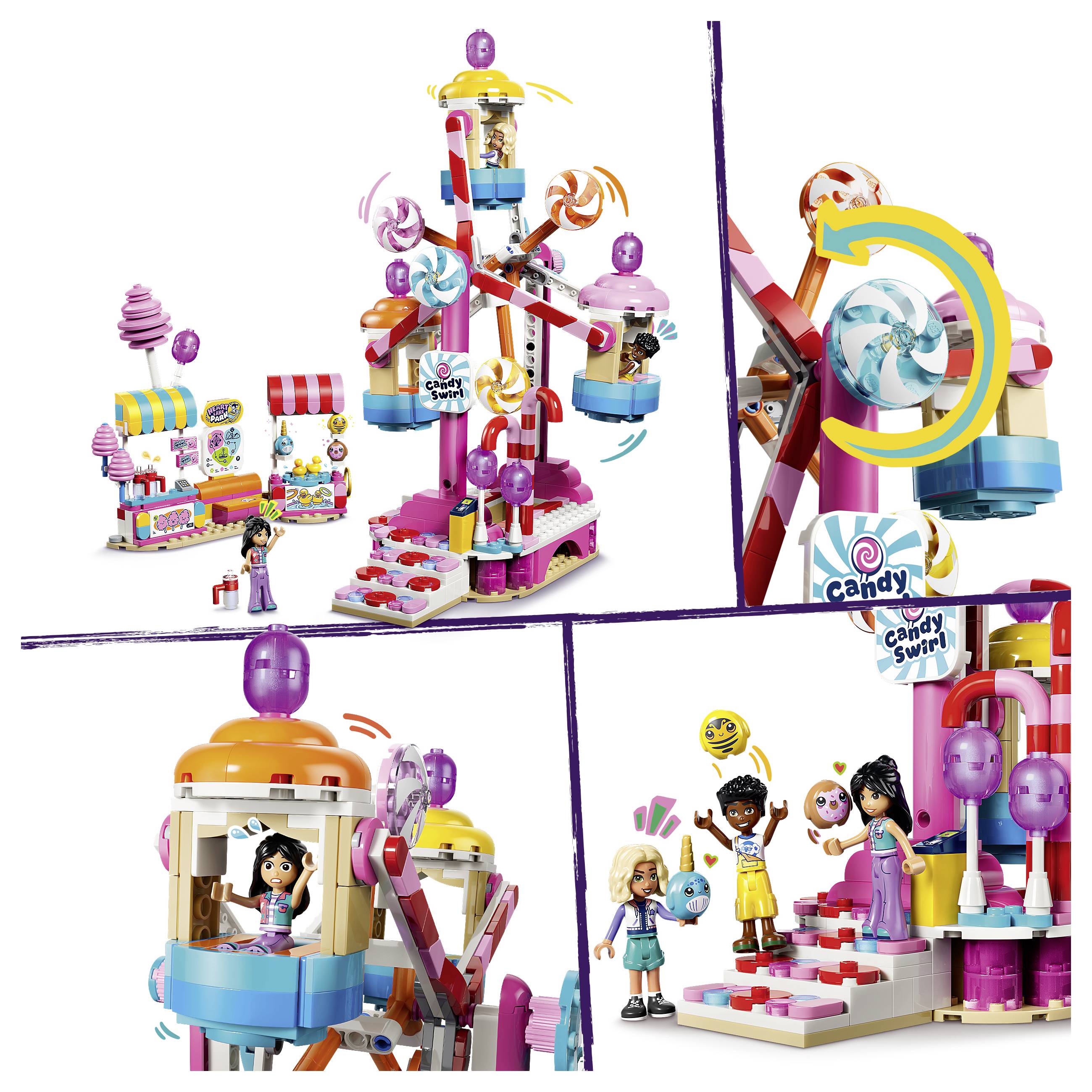 Ein farbenfrohe Candy Swing Vergnügungsset mit Riesenrad, süßigkeitenthematische Stände und Mini-Puppen auf Fahrgeschäften und Plattformen, in mehreren Nahaufnahmen dargestellt.
