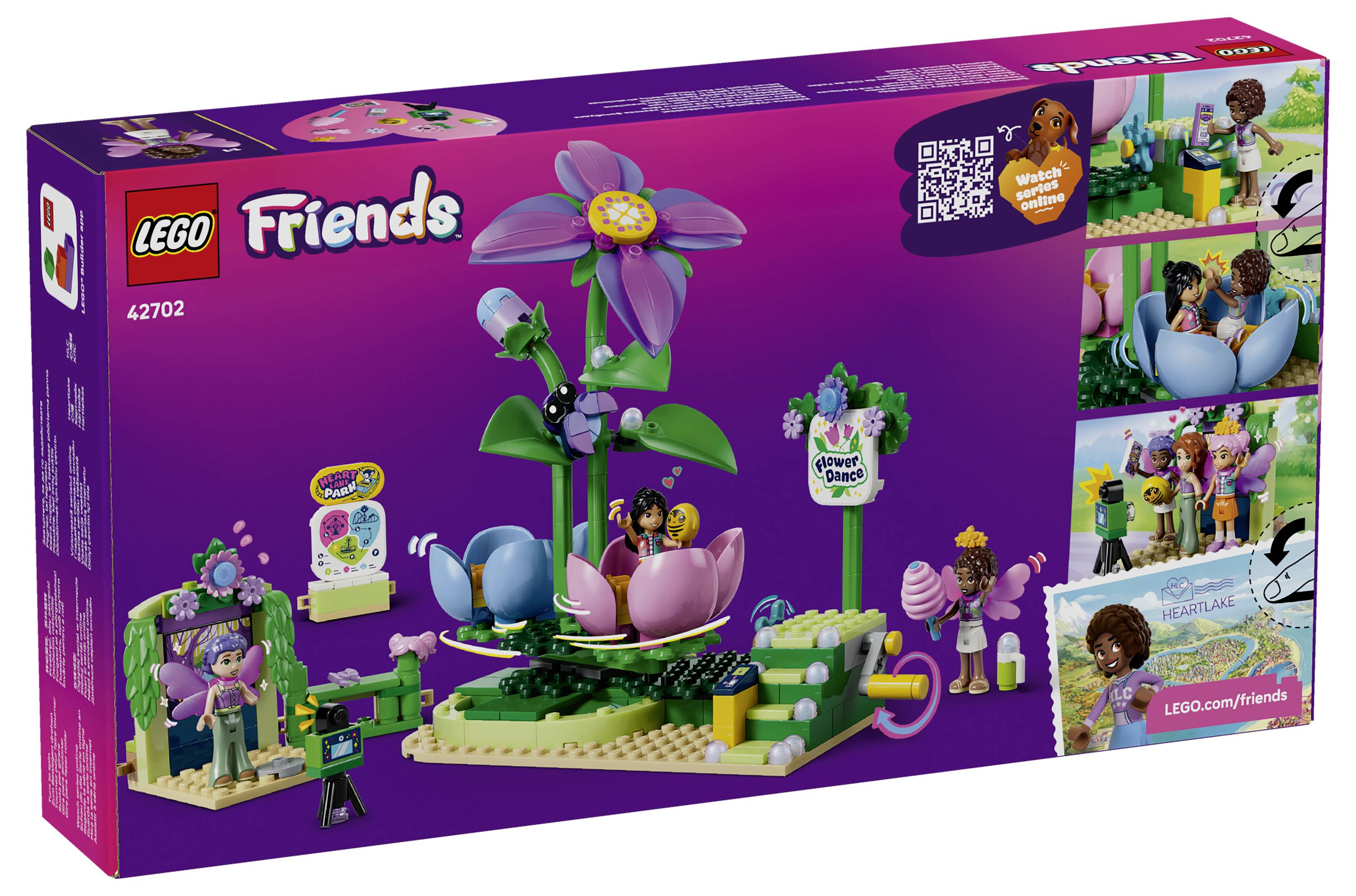 LEGO Friends 'Blumengarten' Set-Karton mit einem lila Blumen-Spielset, Mini-Puppen, Gartenschildern und Vorschaubildern des Bausatzes und der Charaktere.
