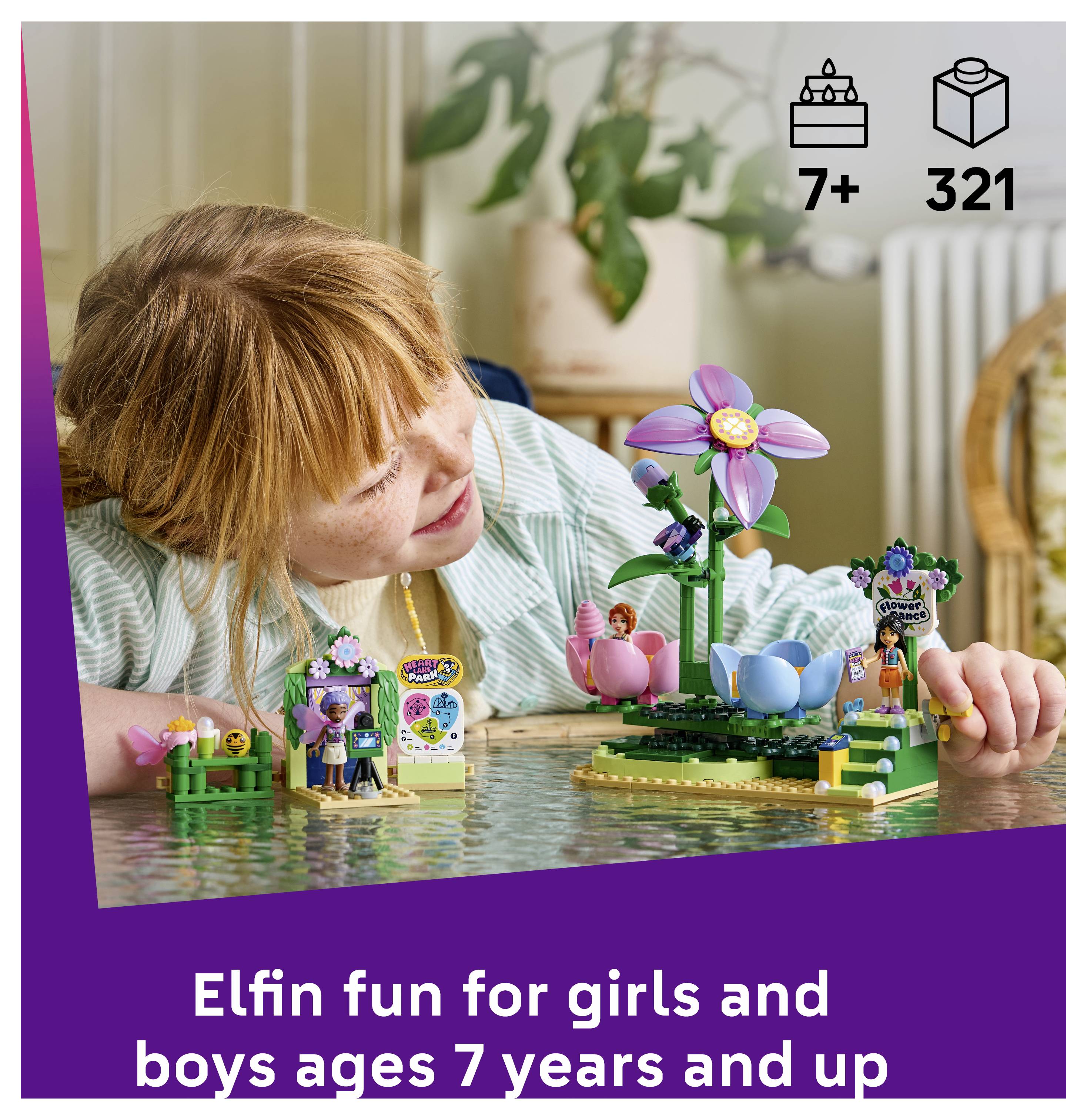 LEGO Friends rosafarbener Pizza-Truck mit Minifiguren und Zubehör, aus mehreren Blickwinkeln gezeigt, mit dem Text „Kinder können ihrer Kreativität freien Lauf lassen und ihre eigenen Freundschaftsgeschichten erzählen