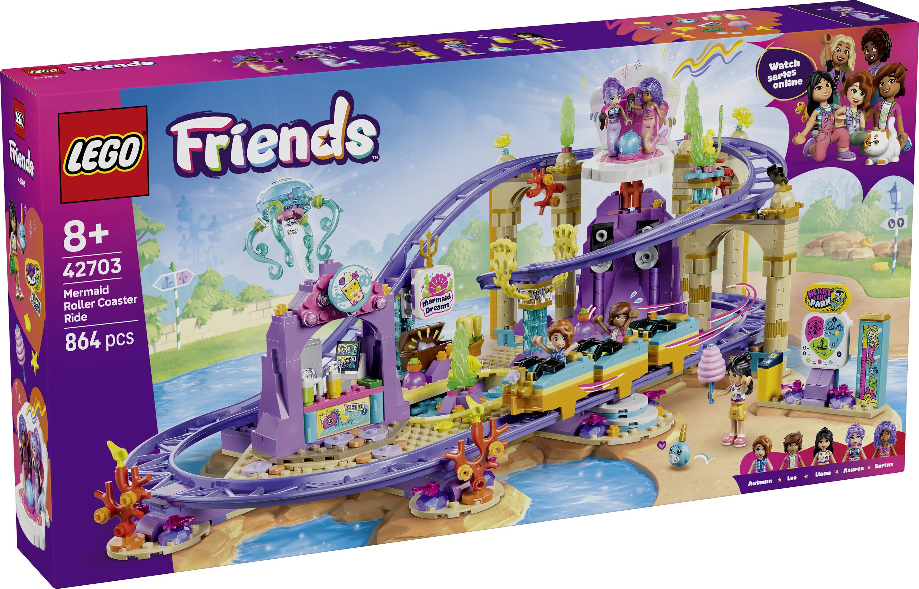 LEGO Friends Meerjungfrauen-Bucht Spielset-Box, zeigt eine lila Achterbahn mit Unterwasser-Themen-Szenerie, Altersfreigabe 8+, Set 41703, 864 Teile.