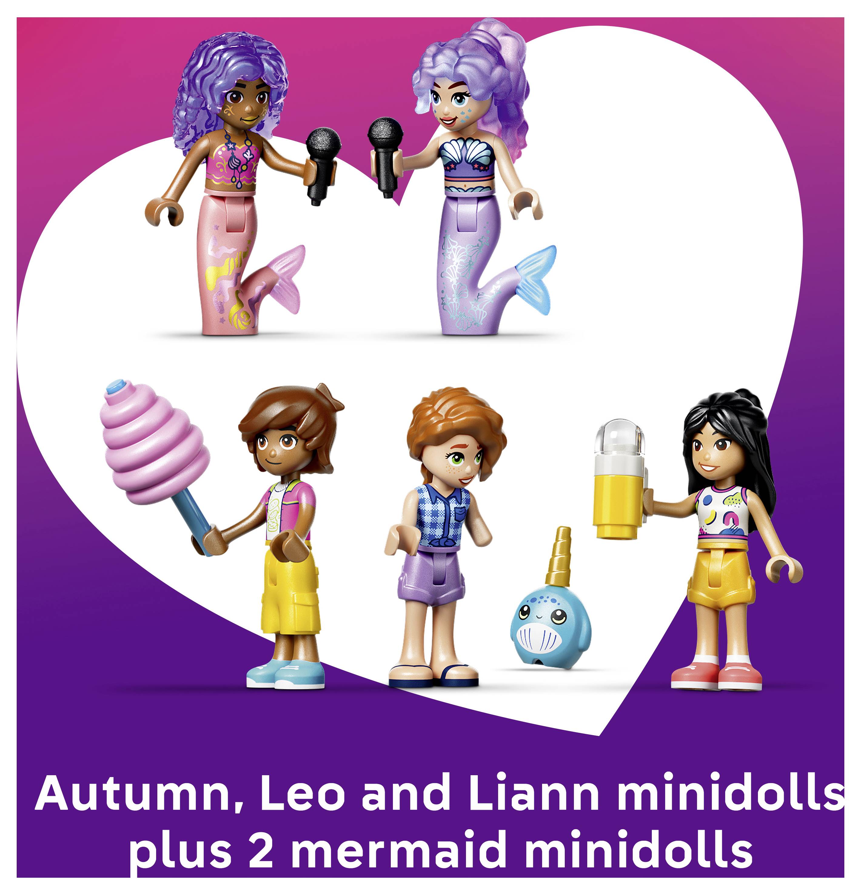 Spielzeugset-Bild mit vier Minipuppen und Zubehör, mit der Bildunterschrift „Autumn-, Leo- und Liann-Minipuppen plus 2 Meerjungfrauen-Minipuppen