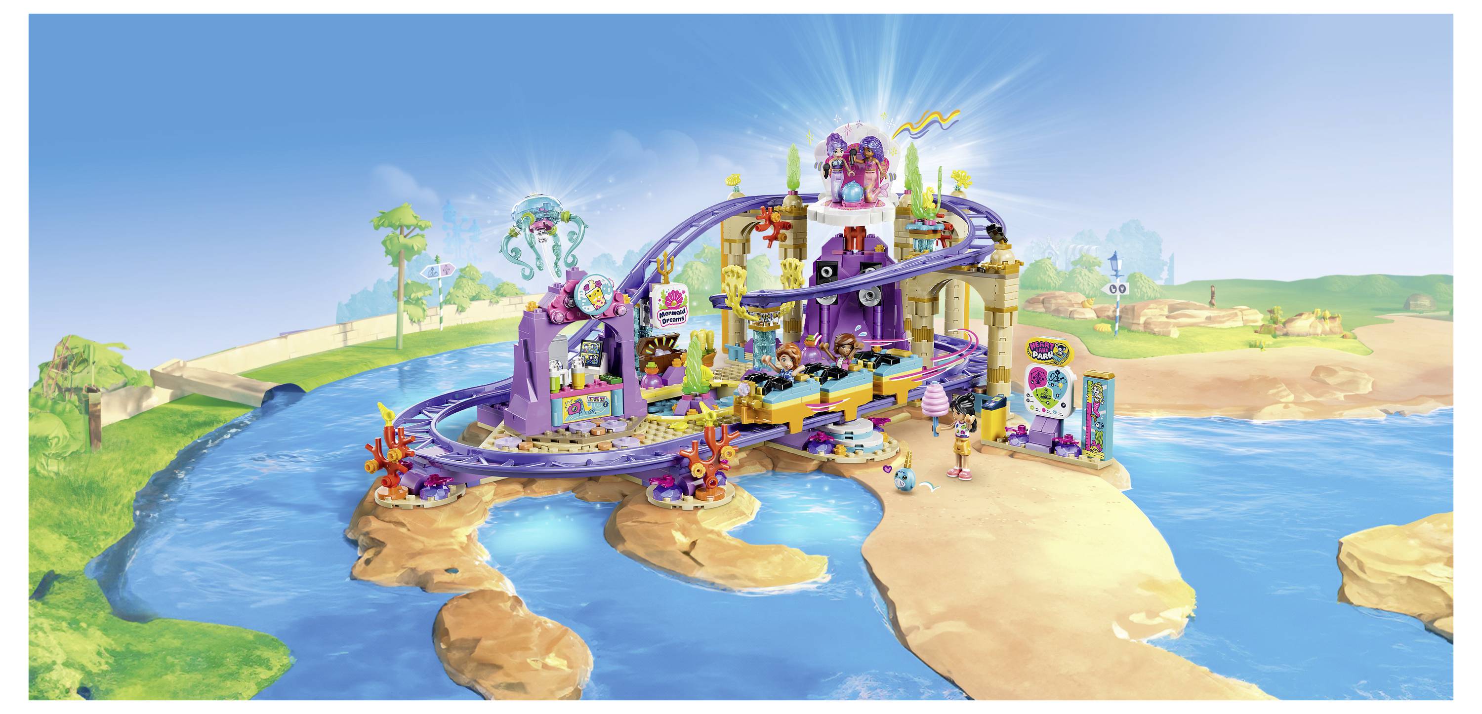 Ein bunter Fantasy-Vergnügungspark sitzt auf kleinen Inseln in einem strahlend blauen Meer, mit einer Loopingbahn, Türmen und winzigen Besuchern.