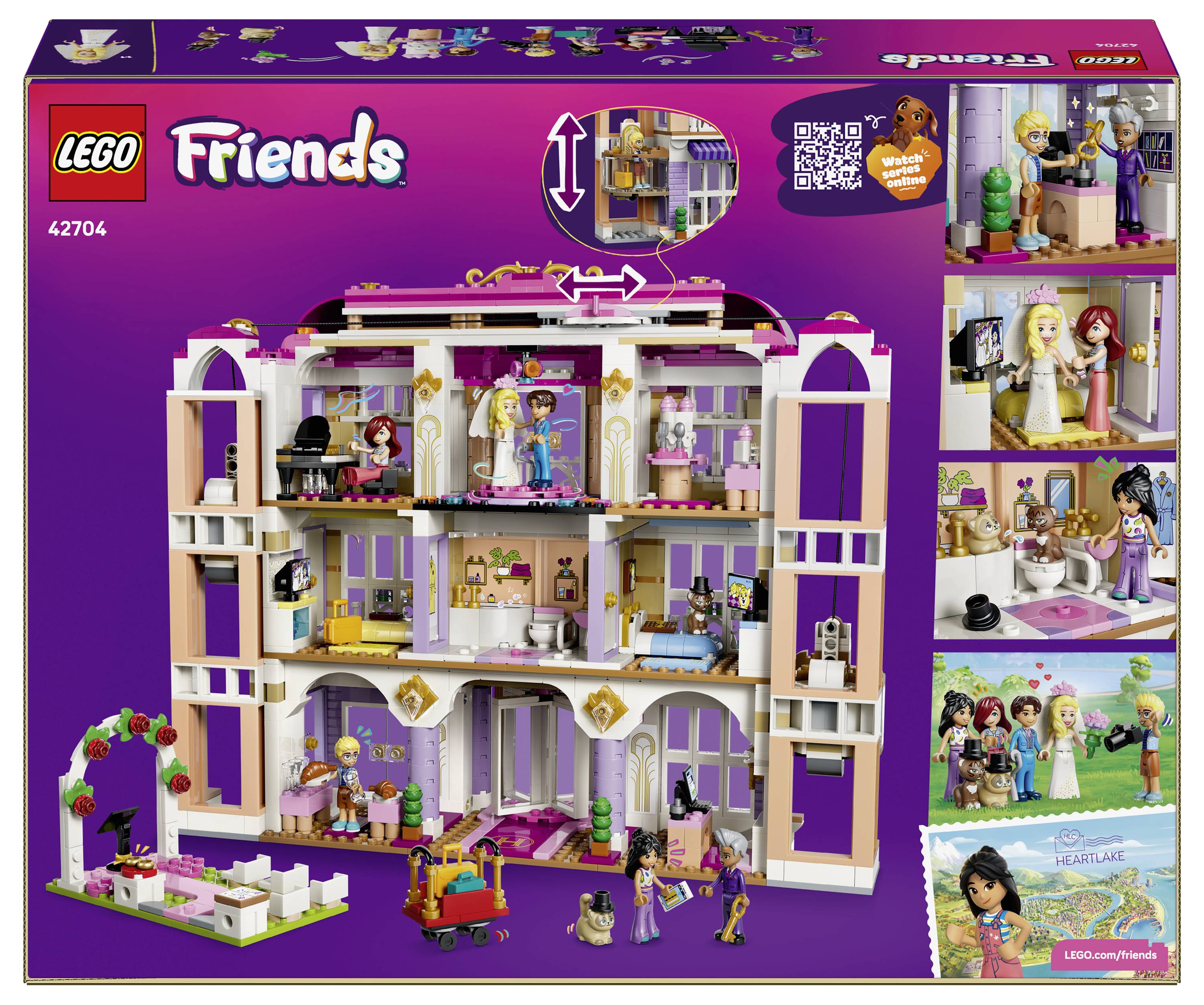 LEGO Friends 42704 Setbox, der ein großes dreistöckiges Hausset mit mehreren Mini-Puppen und kleineren Detailszenen der Zimmer und Charaktere zeigt.