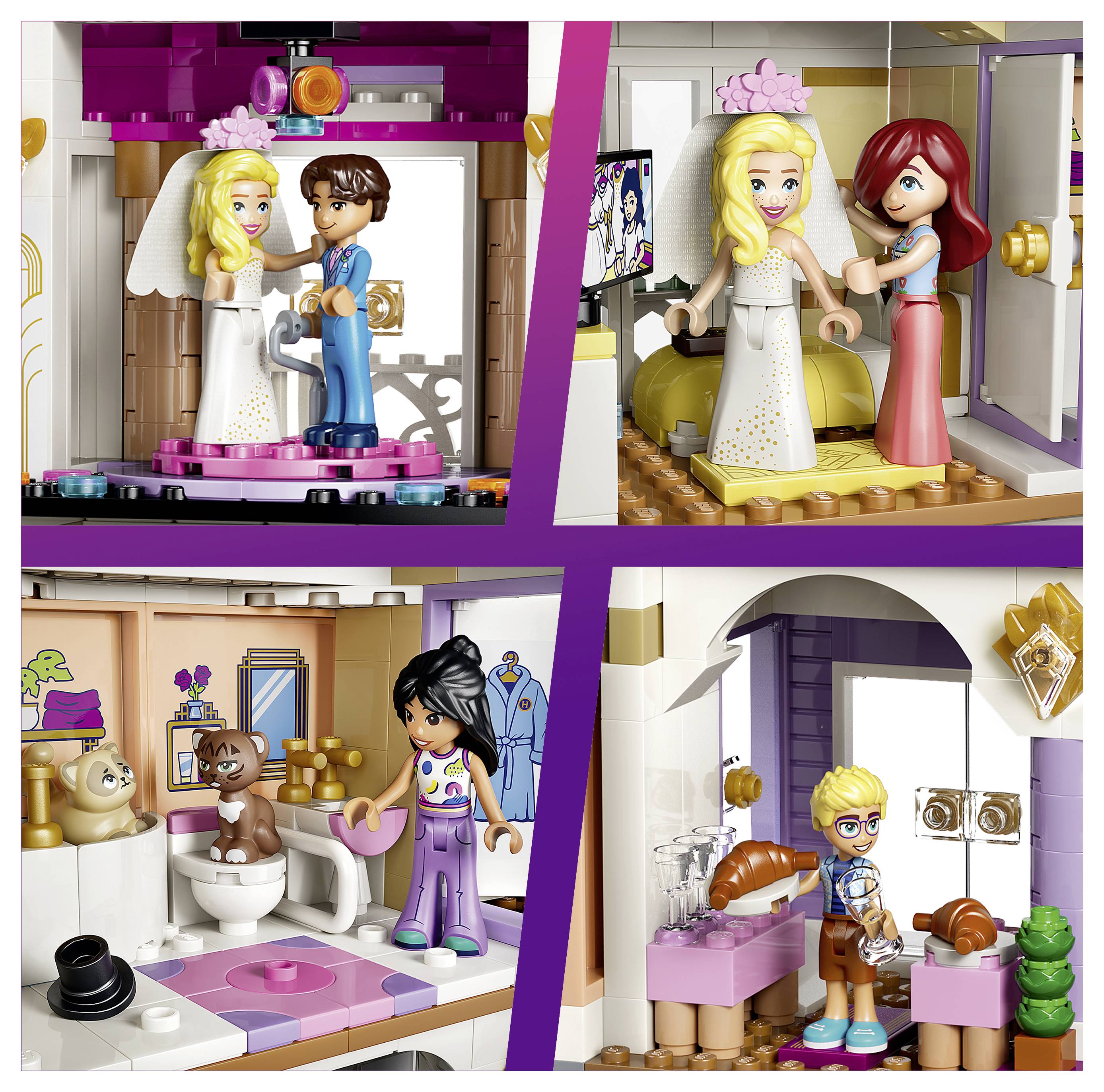 Collage aus vier LEGO-Szenen, die ein Brautpaar, zwei Frauen in einem Zimmer, ein Badezimmer mit einem Mädchen und Haustieren und einen Jungen in einer Küche mit Essen zeigen.