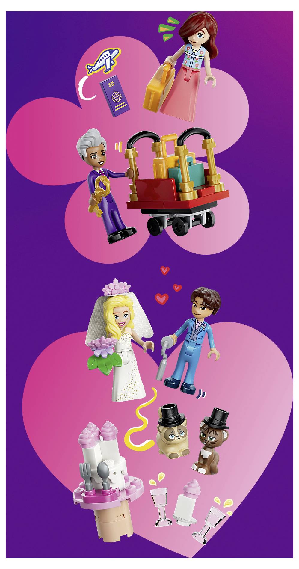 Werbecollagen aus Spielfiguren und Zubehör, mit LEGO-ähnlichen Charakteren, einem Geschenkwagen, Brautpaar und Haustierfiguren auf violettem Hintergrund.