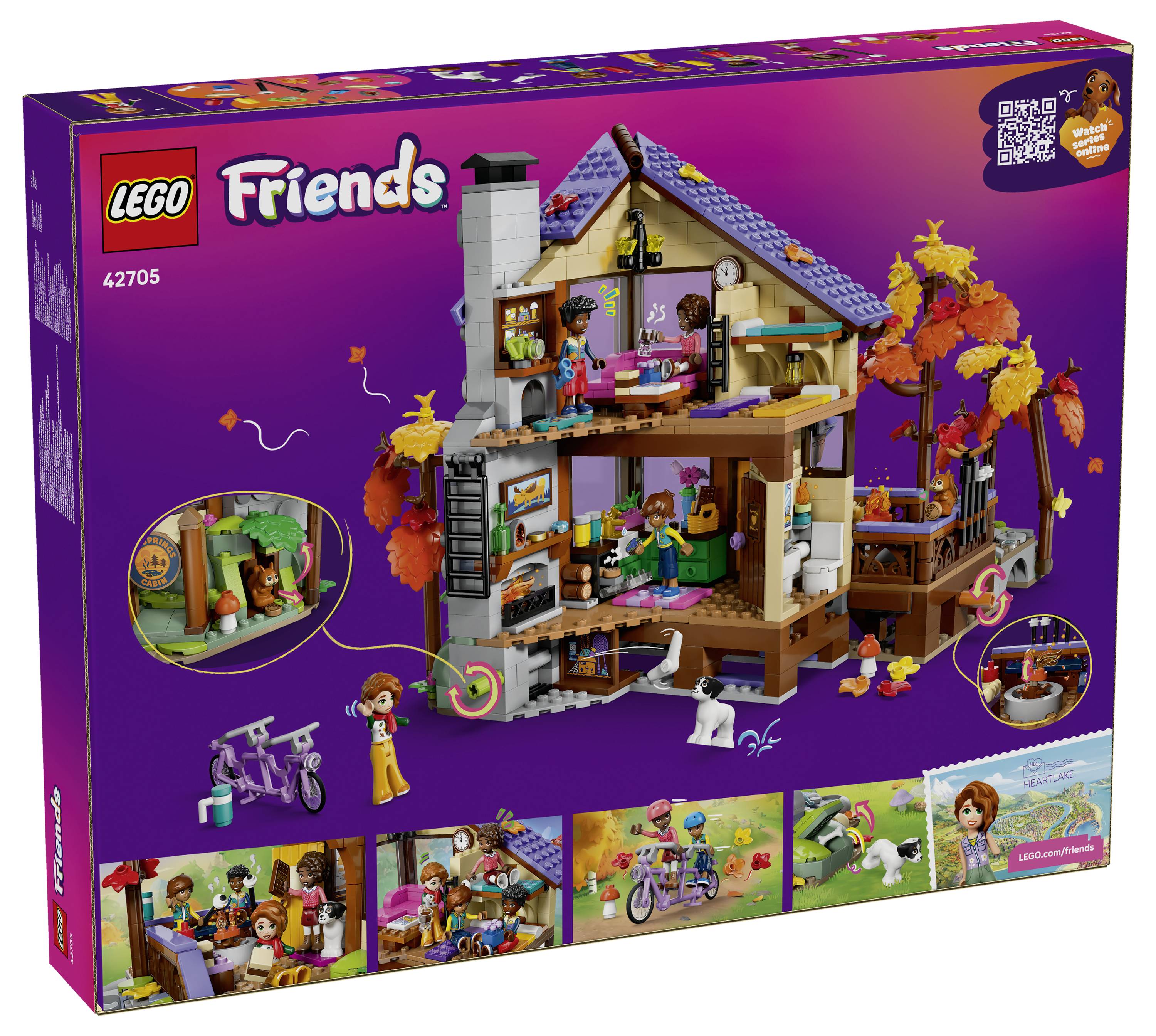 LEGO Friends 42705 Spielzeugbox zeigt ein zweistöckiges puppenhaus-artiges Spielset mit Herbstbäumen, Mini-Puppen-Figuren, einem Fahrrad und Haustiierzubehör.