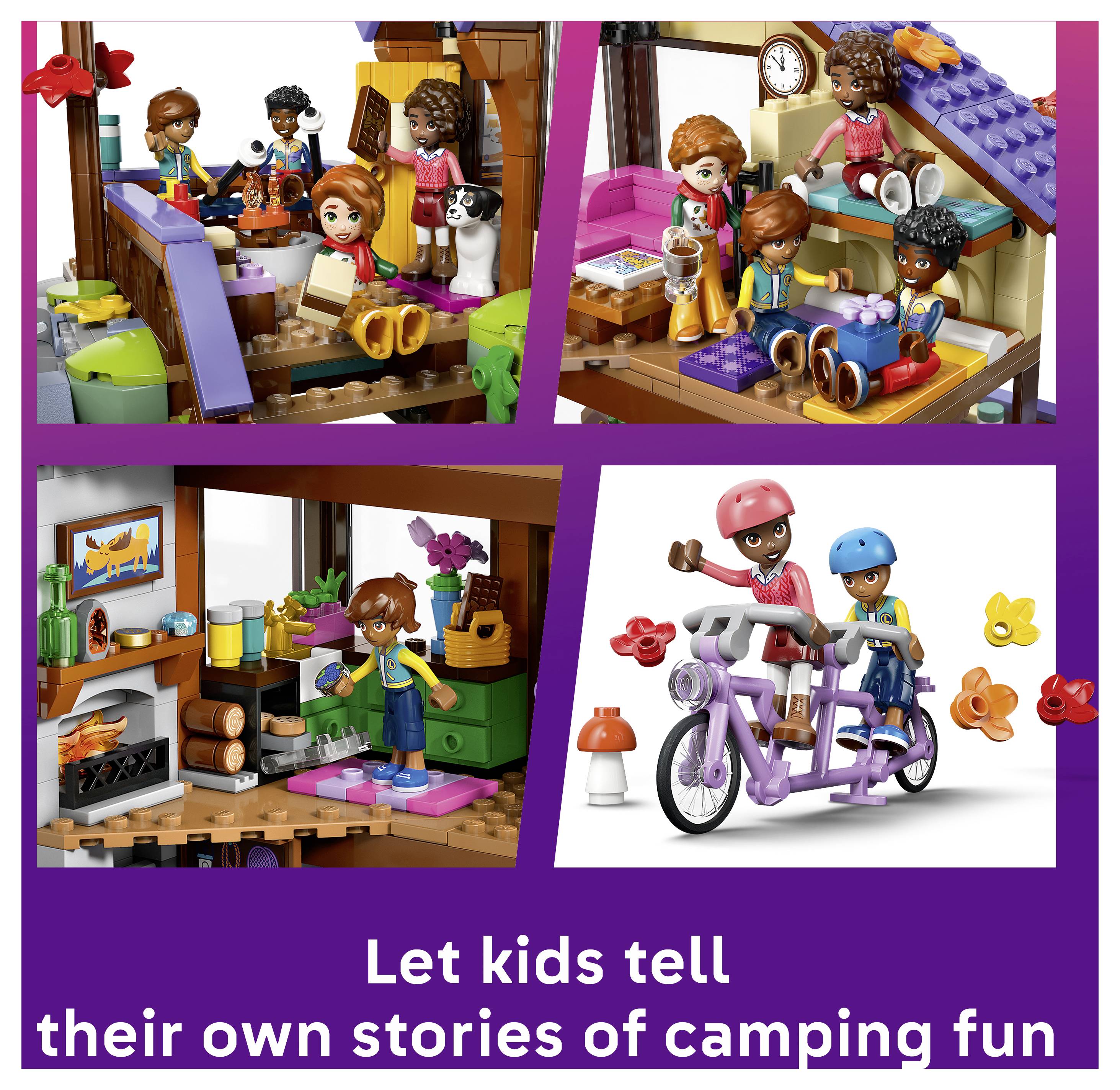 Promotives Collage von LEGO-Campingszenen: Kinder in einer Hütte und um ein Lagerfeuer, kochen drinnen, und zwei Kinder fahren auf einem Tandem-Fahrrad. Die Bildunterschrift lautet „Lassen Sie Kinder ihre eigenen Geschichten von Campingspaß erzählen