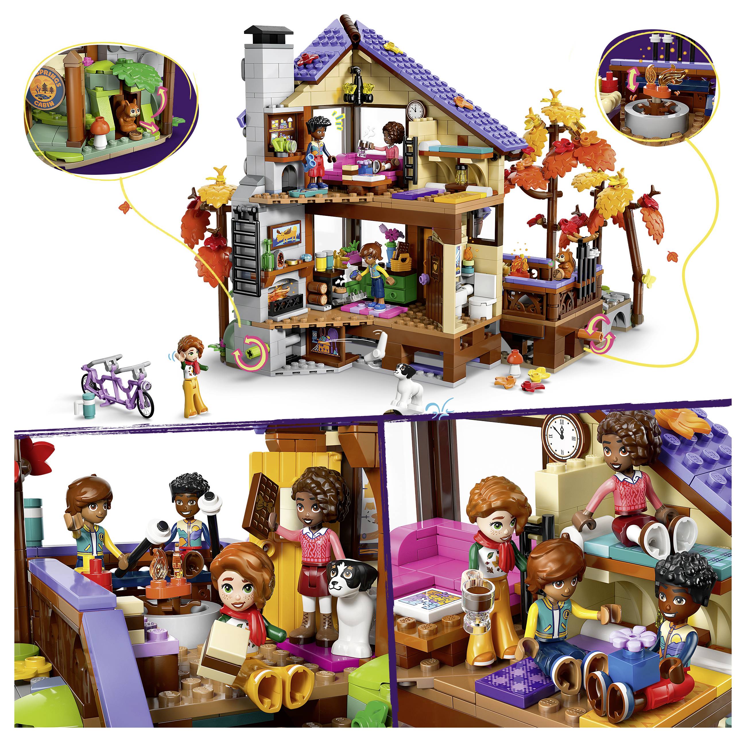 LEGO Friends Baumhaus Spielset im Herbstdesign mit zweistöckigen Räumen, Rutsche, Fahrrad, Hund und vier Minipuppen, die in mehreren Aktivitätsszenen gezeigt werden.