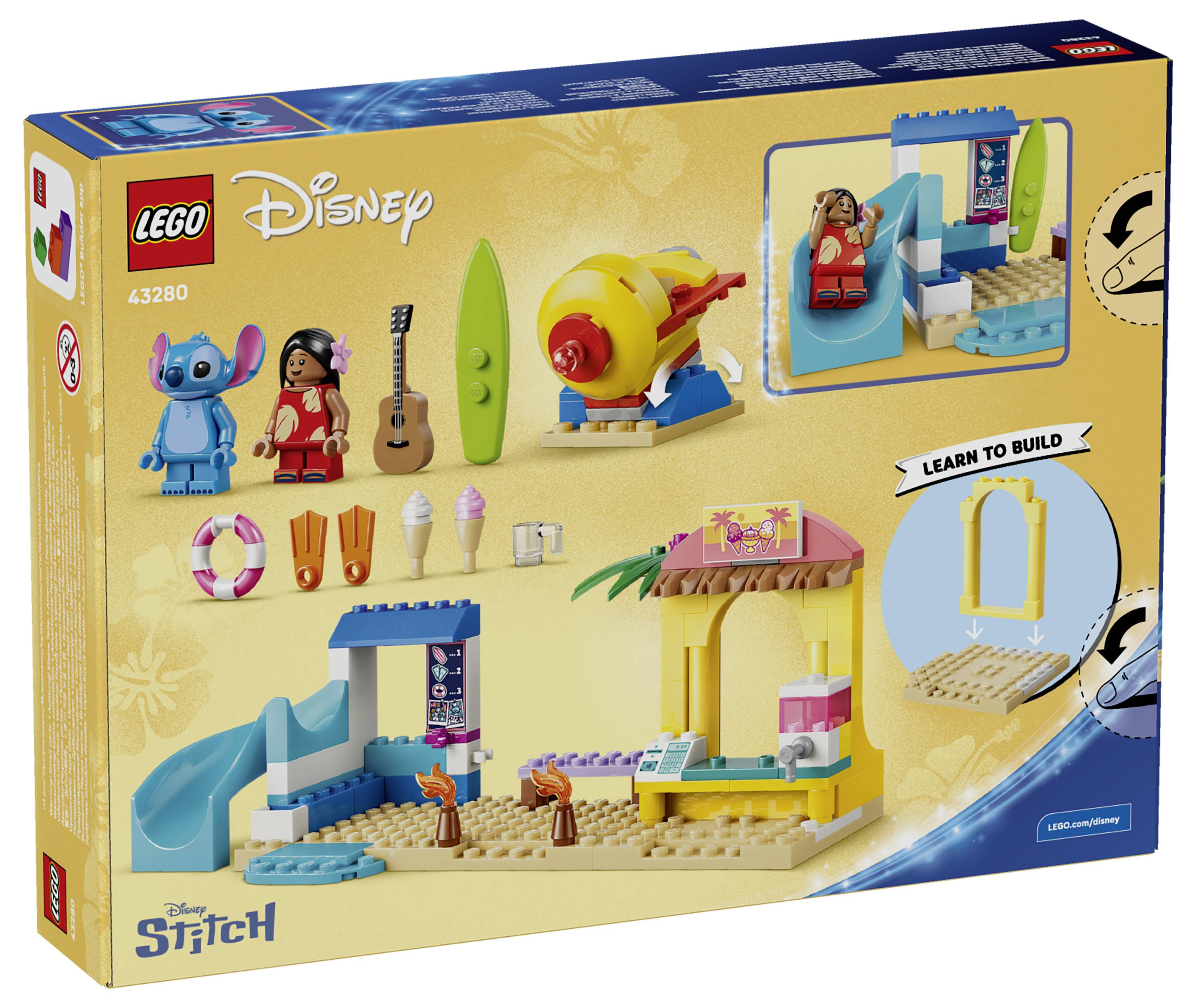 LEGO Disney Stitch Bauset mit Schachtelvorderseite, auf der Stitch und Lilo Minifiguren, Strandaccessoires und eine kleine tropische Szene mit der Anleitung 