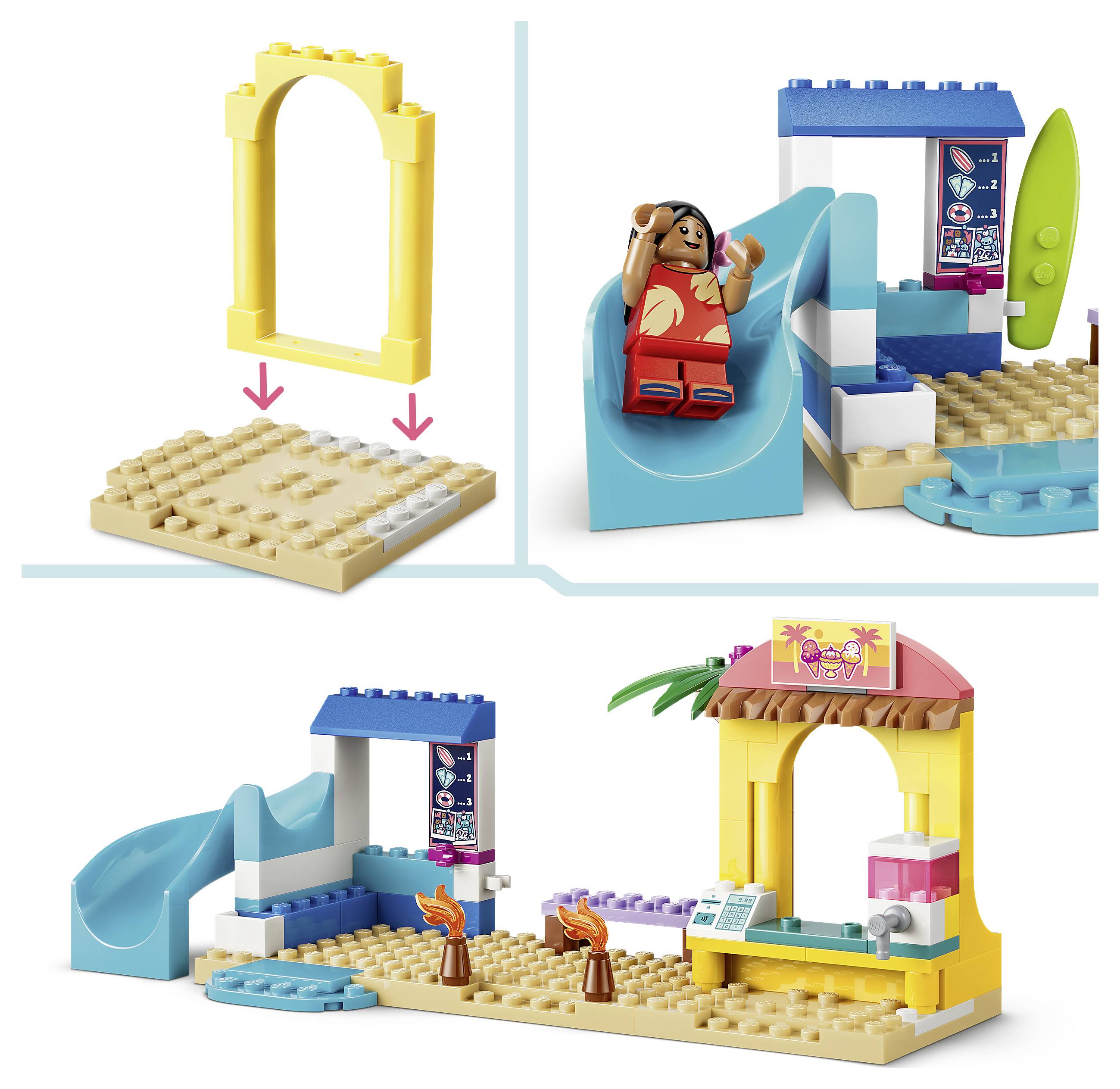 LEGO-Stil Strandspielset Zusammenbaupläne zeigen einen gelben Bogen, der auf einer beigefarbenen Basis montiert ist, dann eine Rutsche und einen Strandkiosk mit einer Minifigur, und die fertige Strandszene.