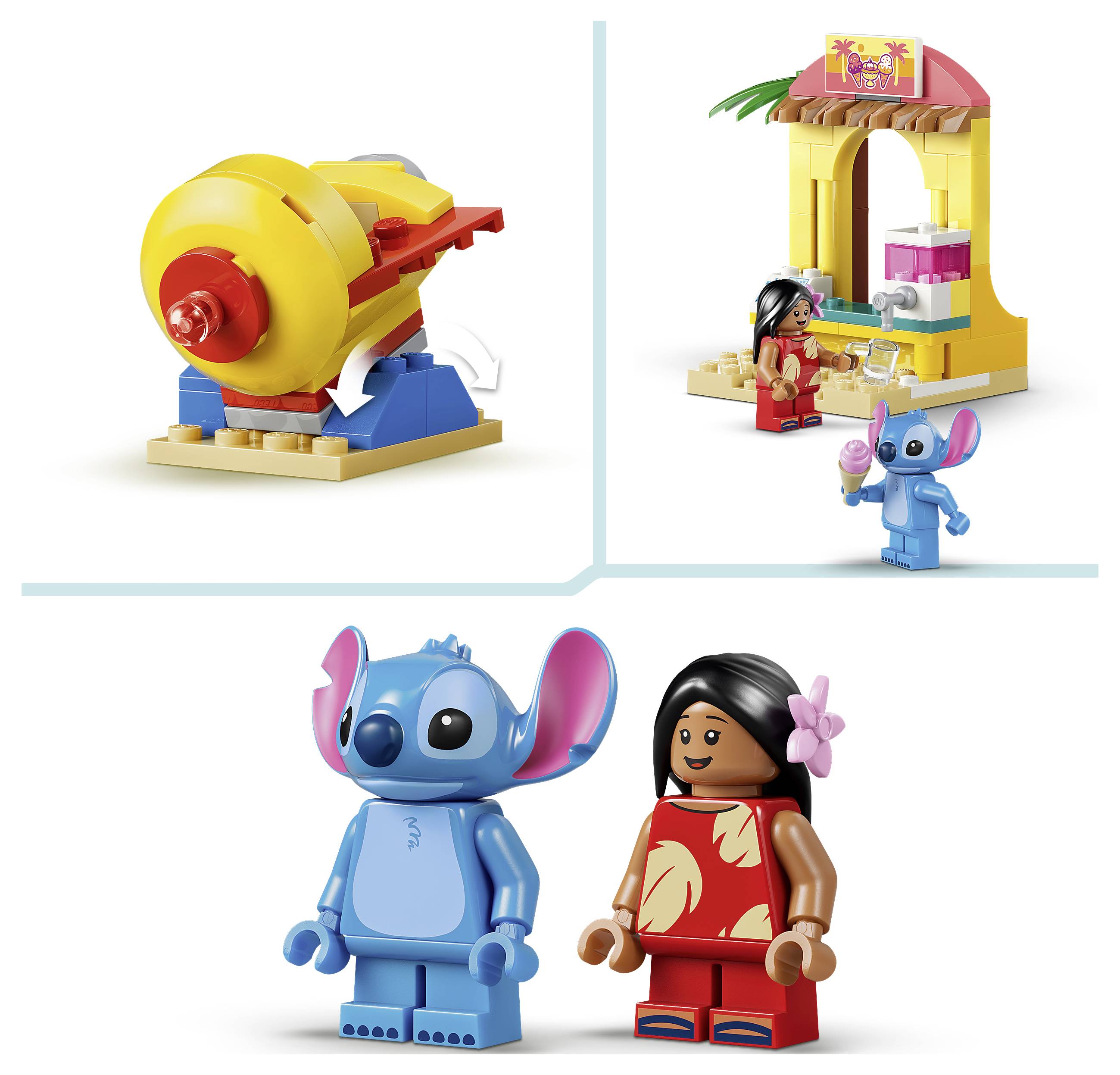 LEGO Disney Stitch Set mit einer großen gelben Nähmaschine, einem Strandstand mit Minifigur und Stitch mit Mädchen-Minifigur.