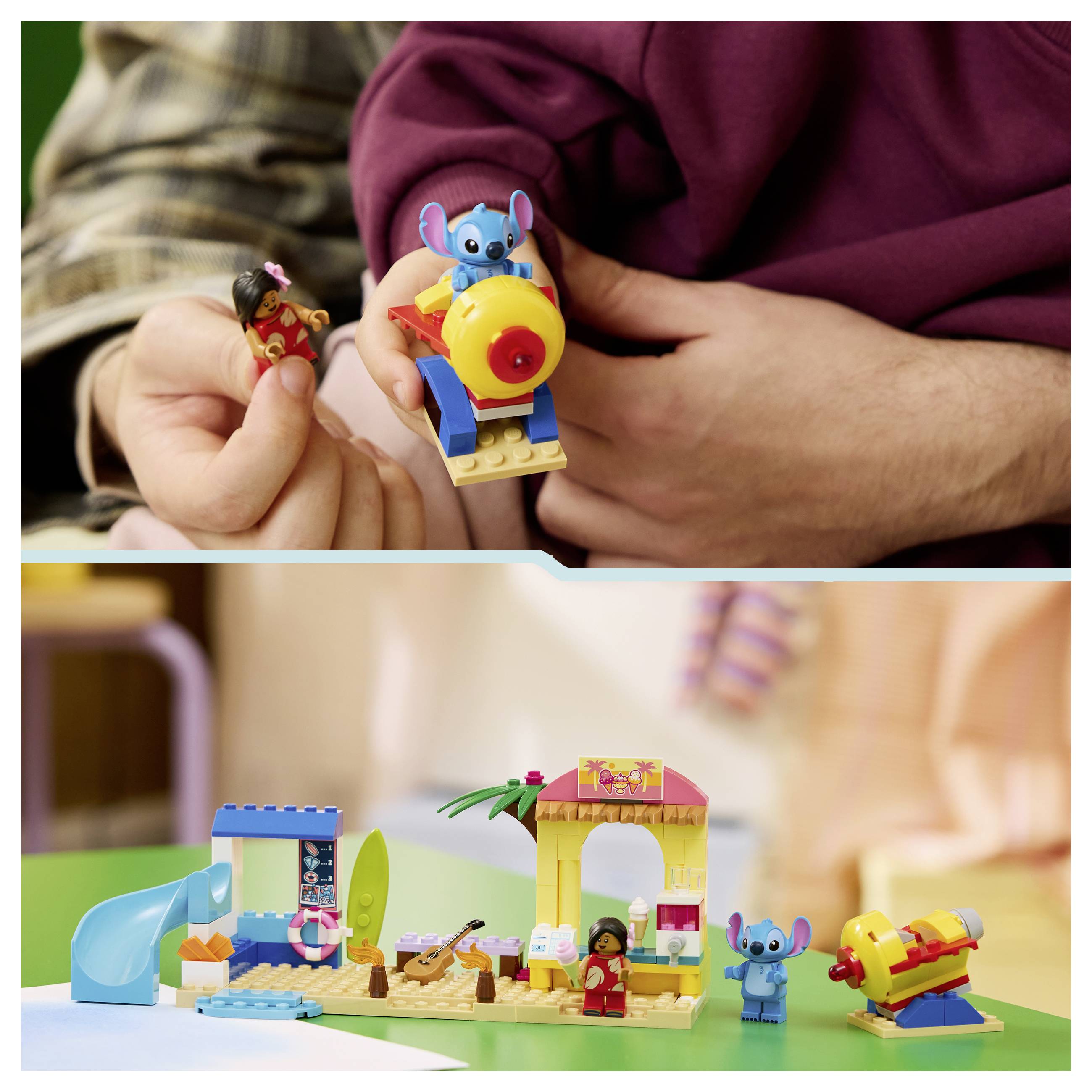 Person, die zwei kleine LEGO-Spielzeuge hält, und eine fertige LEGO-Spielszene mit Stitch, einer Strandrutsche, einem Bogen und einer Kanone auf einem Tisch.