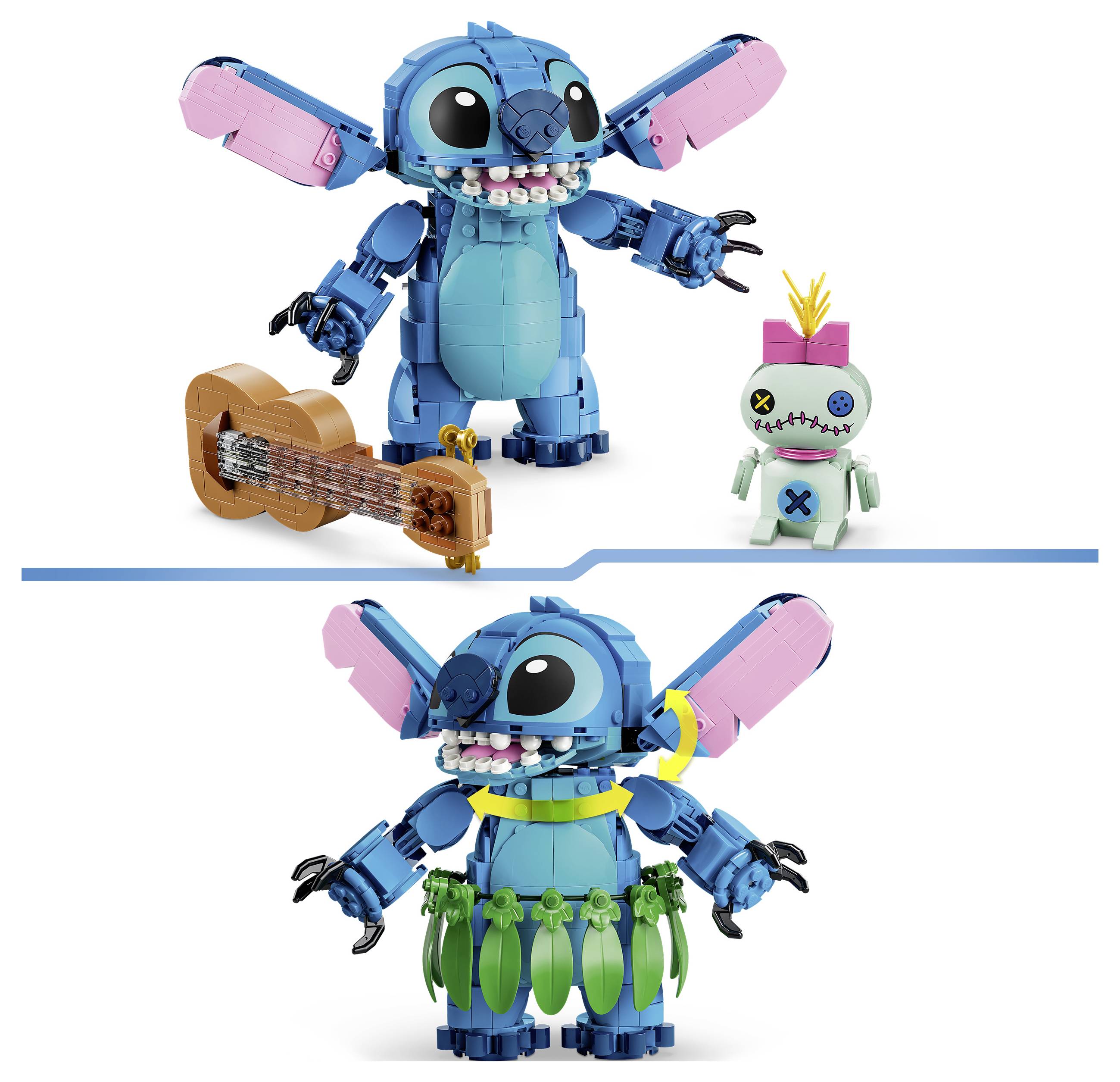 Zwei LEGO Stitch-Figuren mit Zubehör; oben zeigt Stitch mit einer Ukulele und kleiner Scrump, unten zeigt Stitch mit einem grünen Blattrock.