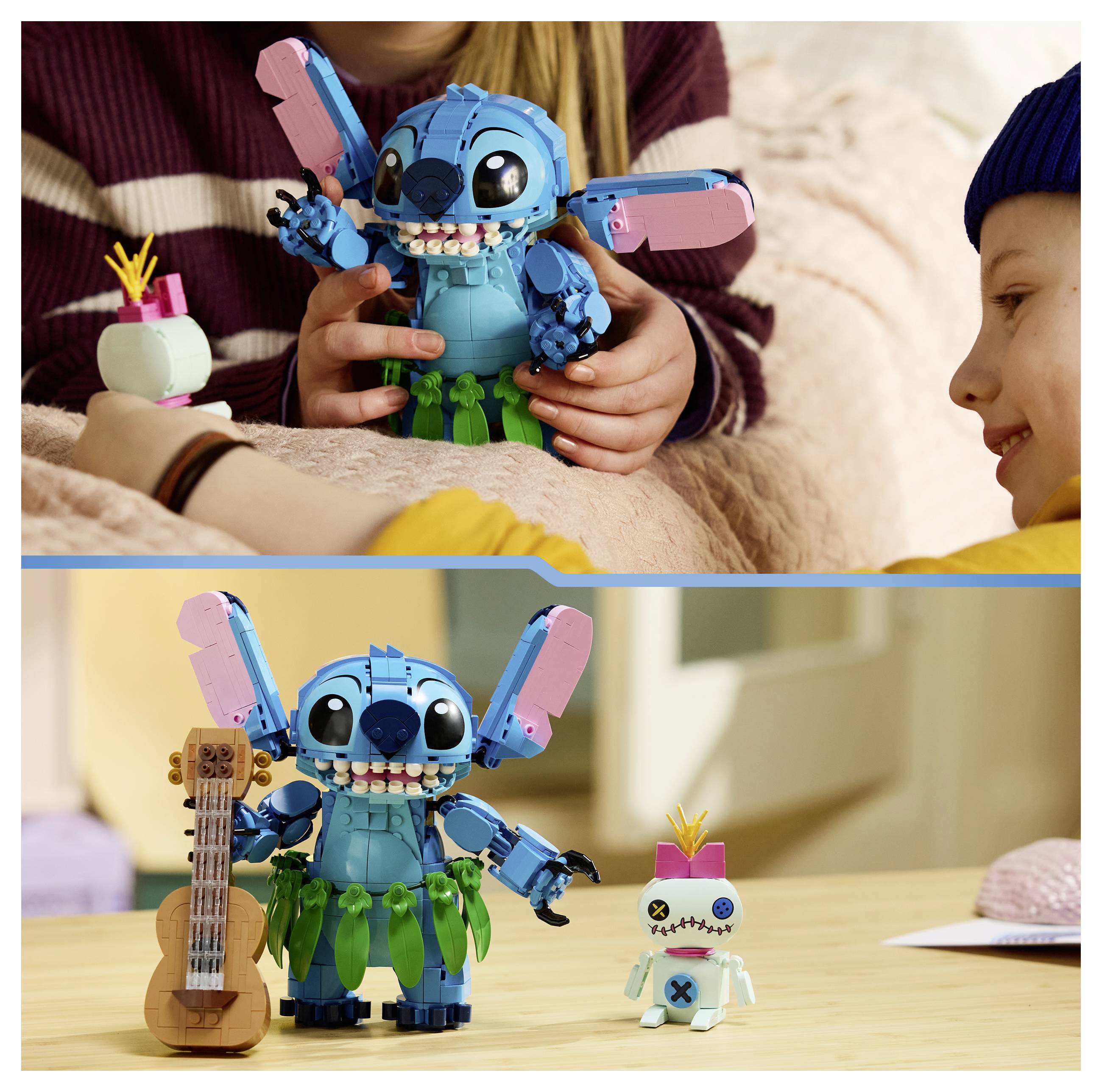 Zwei Fotos einer blauen LEGO-Figur im Stitch-Stil, mit der gespielt wird; oben hält ein Kind sie, und unten steht sie neben einem winzigen Roboter und einer Spielzeitgitarre.