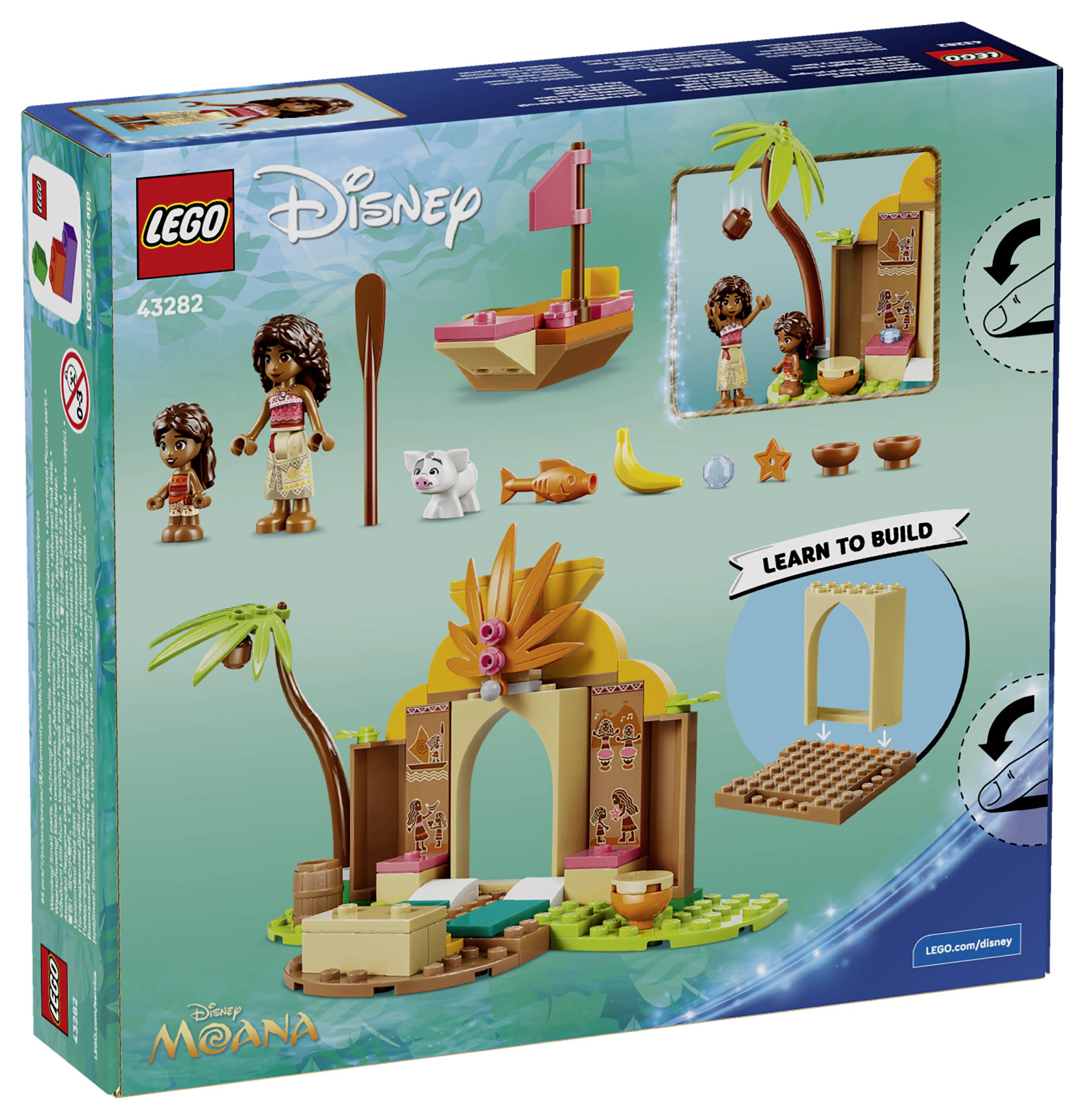 LEGO Disney Moana-Set in einer Schachtel, das Moana und ein Kind zeigt, ein kleines Segelboot, einen Palmbaum, Tierstücke und eine „Learn to Build