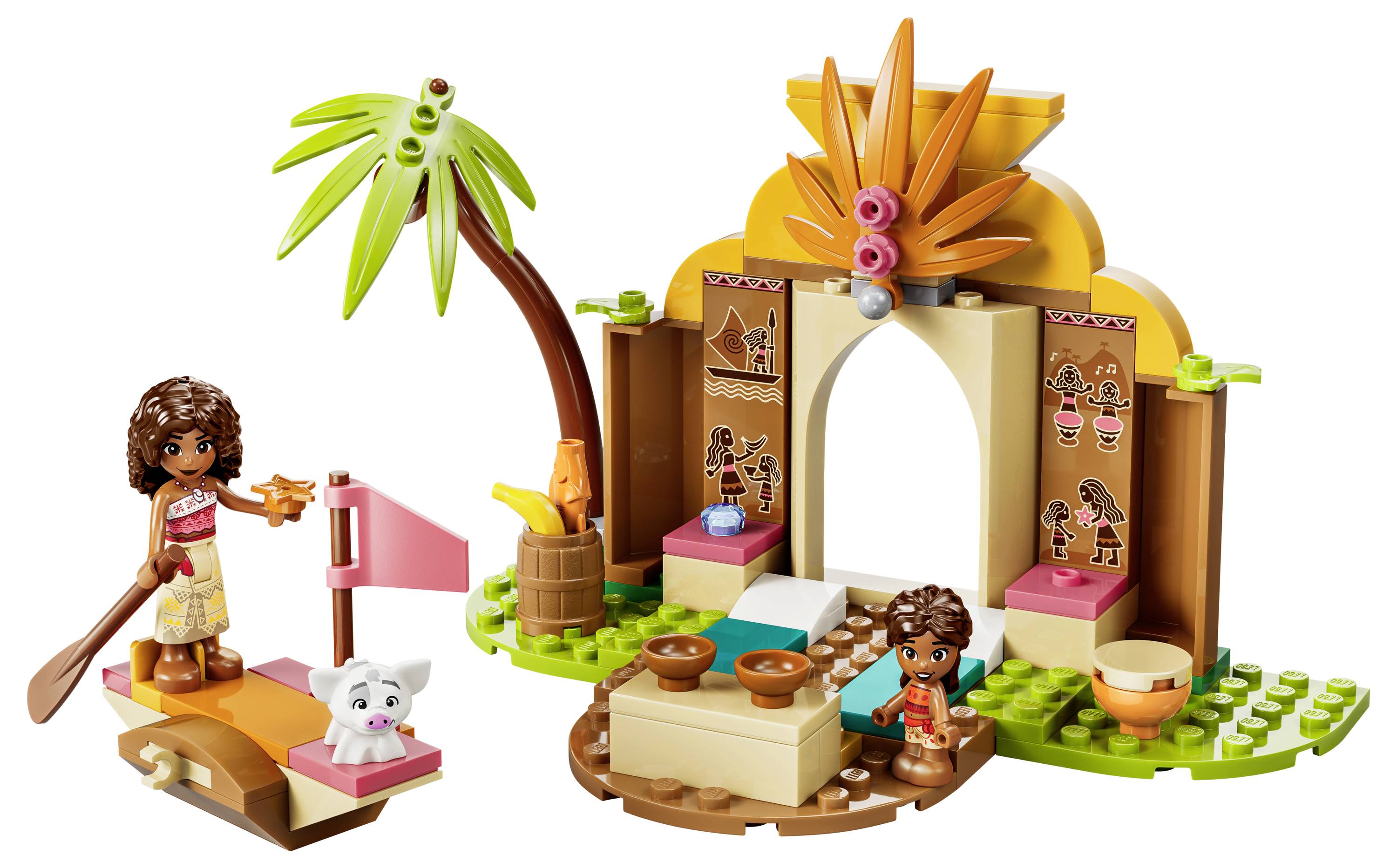 Spielzeuginselset mit Palmenbaum, kleine Brücke, Torbogen und zwei Kinderfiguren, plus weißer Welpe und Zubehör.
