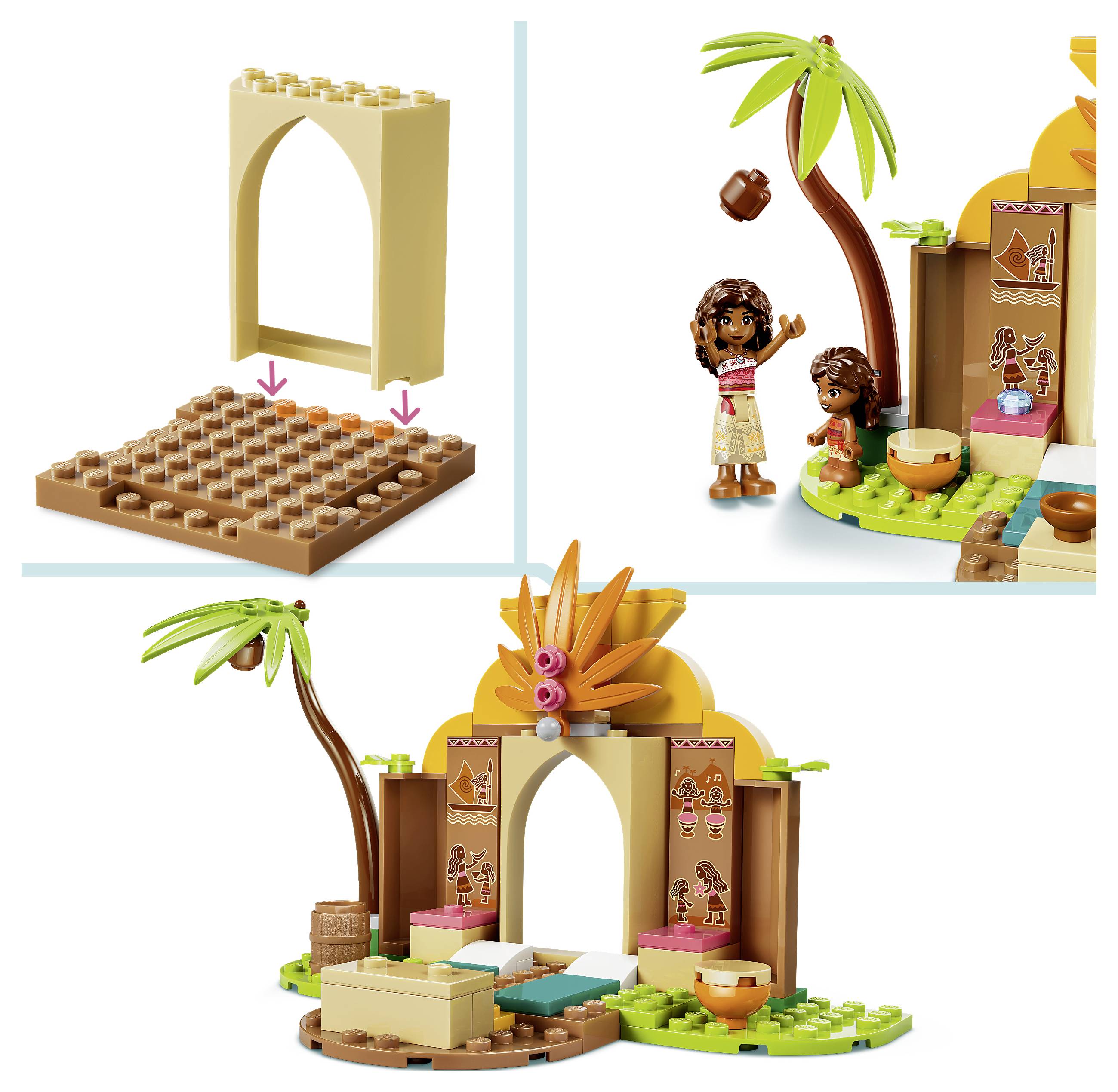 LEGO-ähnliches Bausatz mit einem Tormodul mit Grundplatte und einer tropischen Spielszene mit zwei Minifiguren, Palme und Dekorationen.