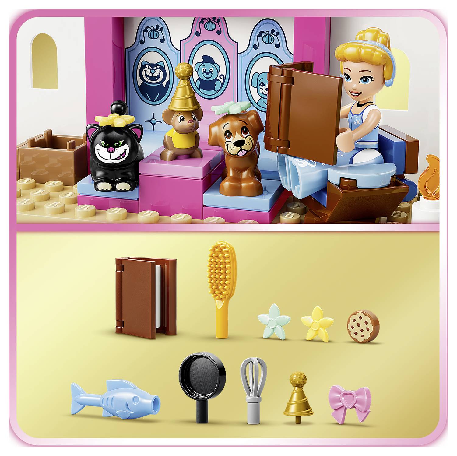 LEGO-ähnliche Szene einer Prinzessin, die liest, mit drei Tierfiguren; darunter ein Bestand der enthaltenen Accessoires: Buch, Bürste, Fisch, Spiegel, Schneebesen, Glocke, Blumen, Keks und Schleife.
