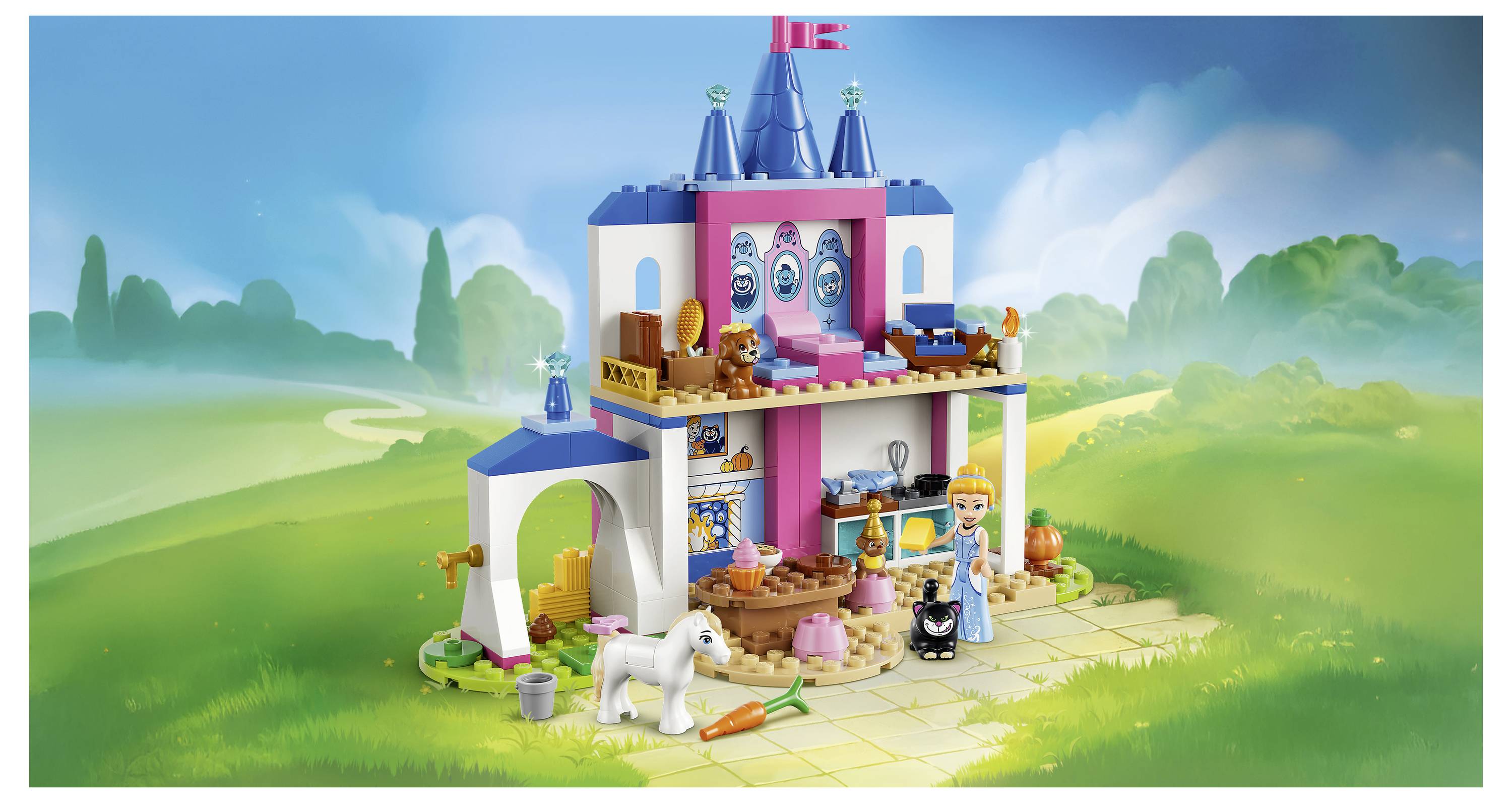 Spielzeugschloss im LEGO-Stil mit einer Prinzessin und Tierfiguren, einschließlich eines weißen Einhorns und kleiner Haustiere, in einer hellen grünen Landschaft.