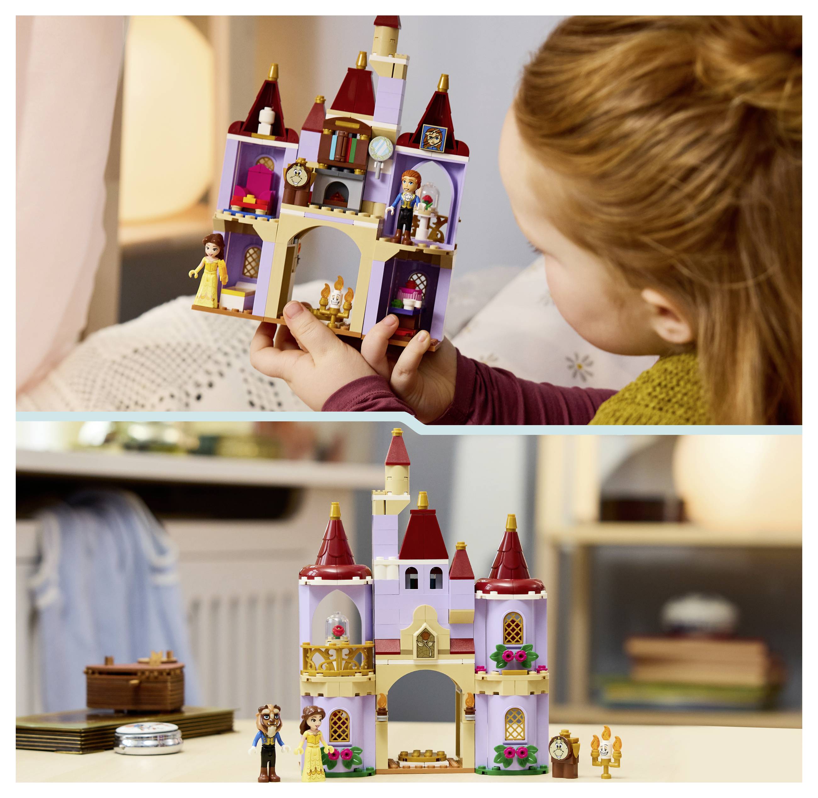 Ein Kind hält und untersucht ein LEGO-ähnliches Burgspielset mit Figuren; darunter wird die zusammengebaute Burg auf einem Tisch in einer Wohnumgebung angezeigt.