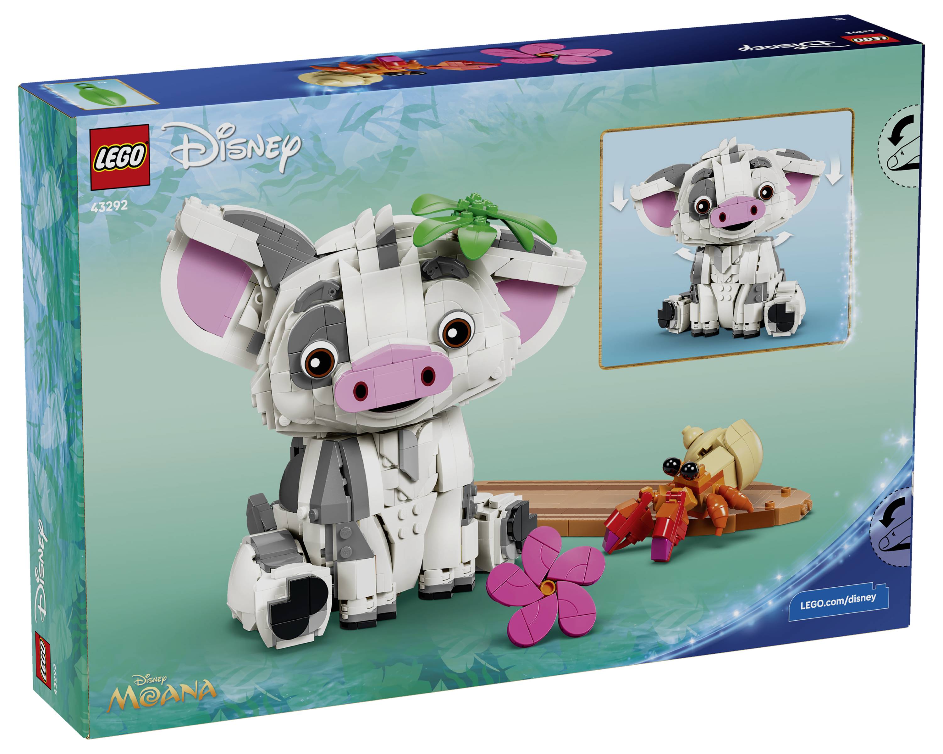 LEGO Disney Moana Box, die eine zusammenbaubare weiße Schwein-Figur mit rosa Ohren und Schnauze zeigt, plus ein kleines Einschub des fertiggestellten Modells.