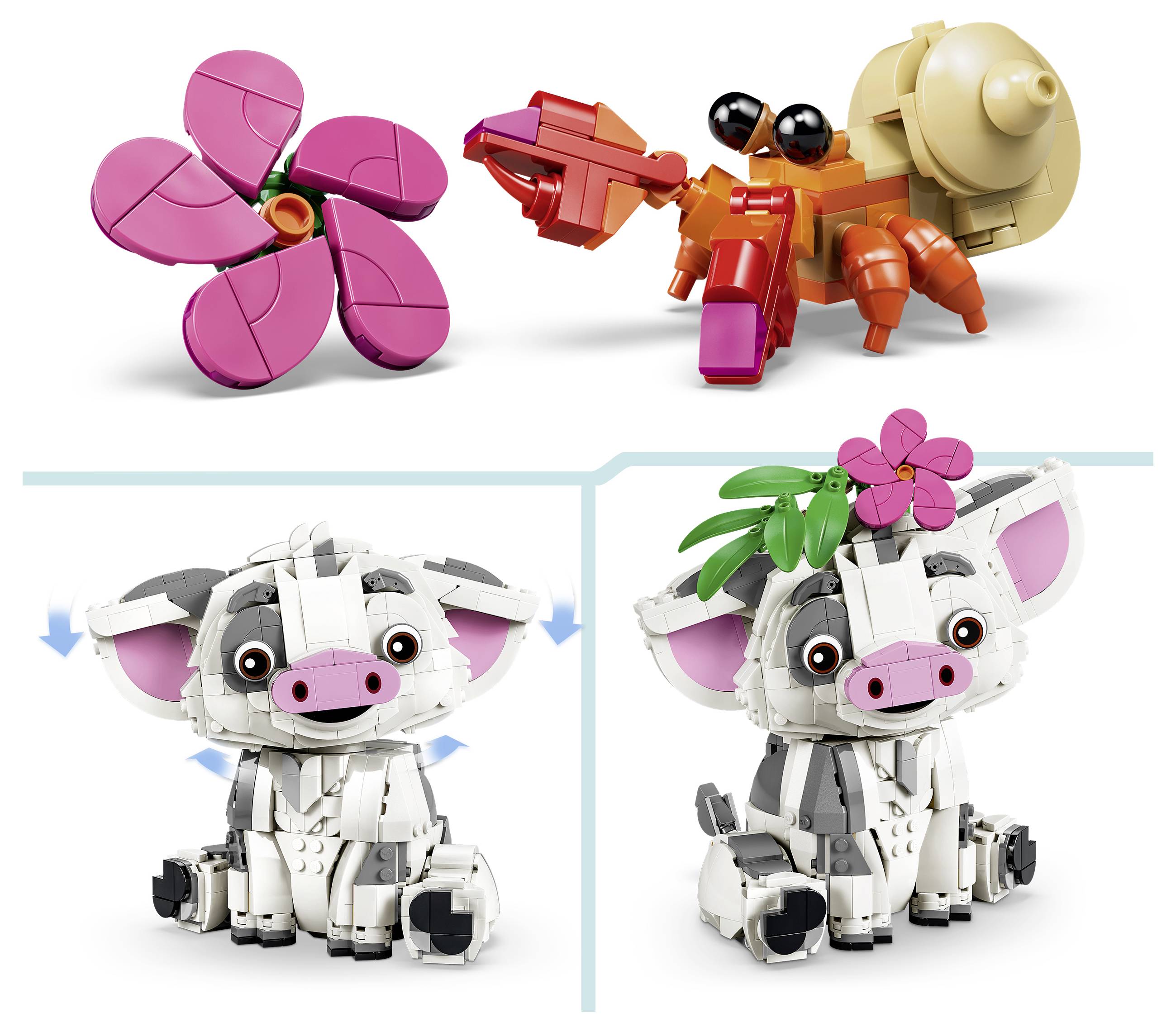 Spielzeug-Bausatz, der eine Blume und ein Tier zeigt, die sich in ein Ferkel mit einer Blume auf dem Kopf verwandeln, plus Schritt-für-Schritt-Montagebilder des Ferkel-Modells.