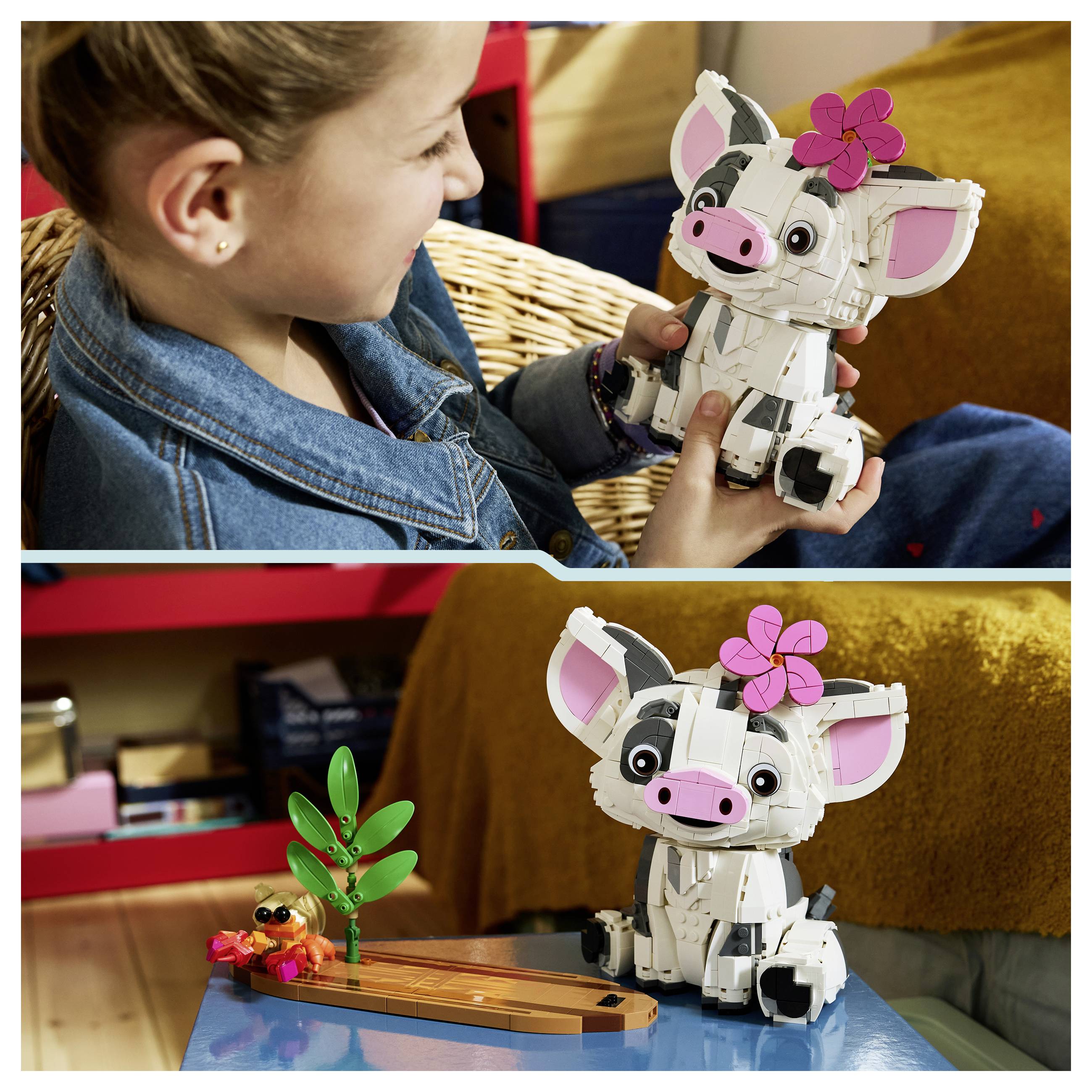 Mädchen, das bunte LEGO-ähnliche Teile auf einem Tisch zusammensetzt, neben einem Tablet, das eine Bauanleitung zeigt.