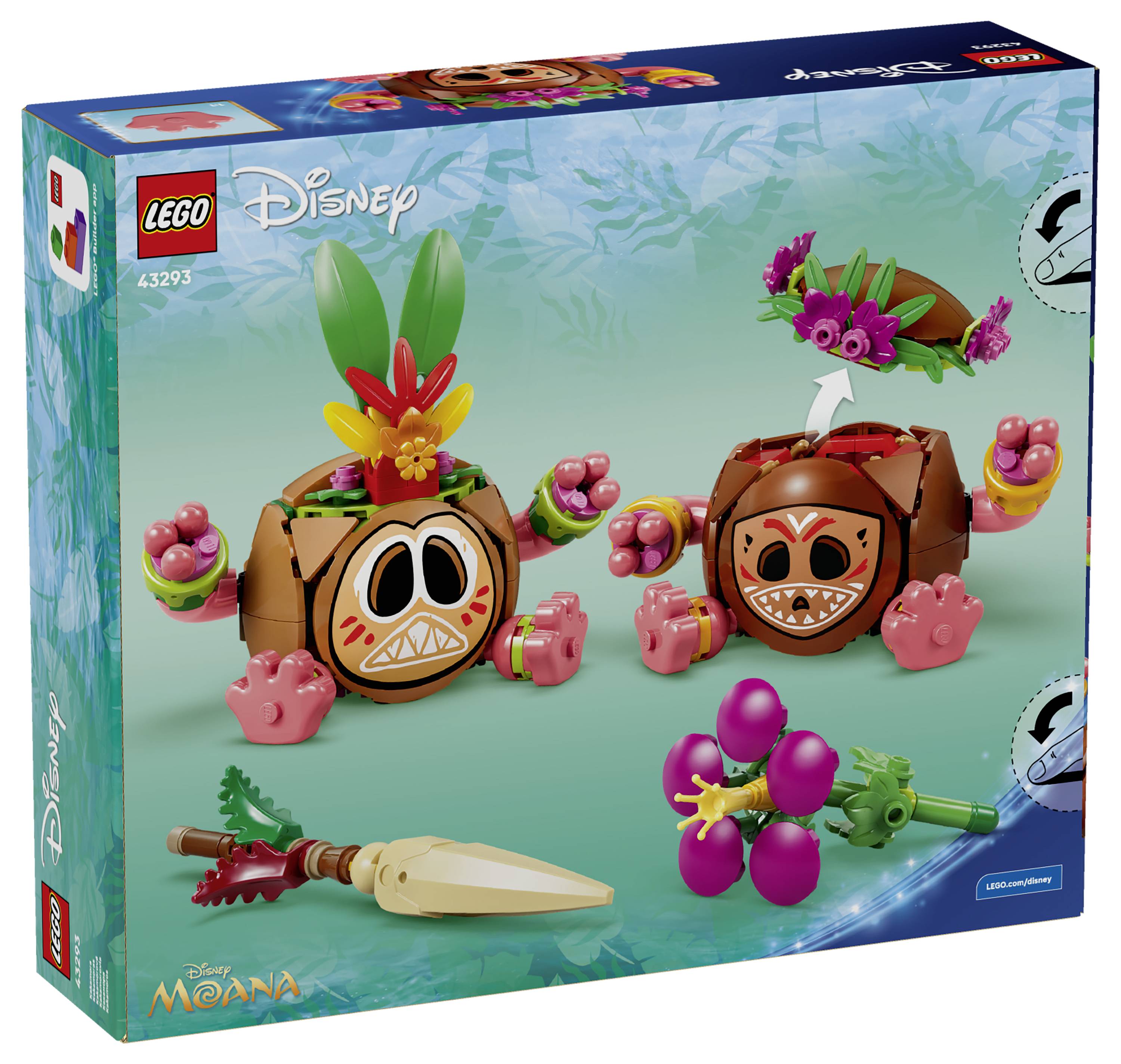 LEGO Disney Moana Setbox mit zwei baubaren Kokosnuss-Charakteren mit Blumen und tropischem Zubehör.