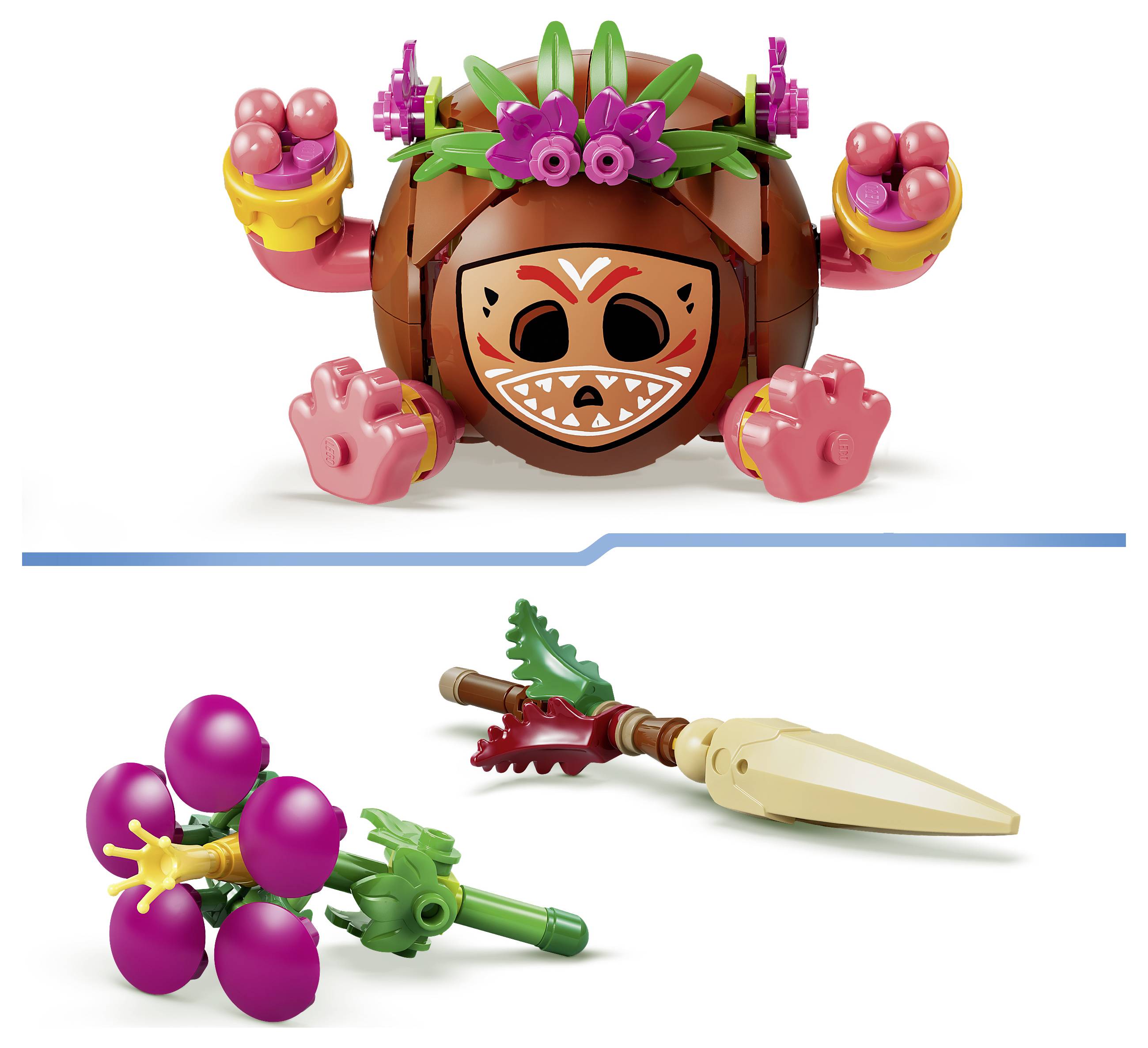 Spielzeugaktionfiguren auf weißem Hintergrund: eine braune tiki-ähnliche Figur mit Blumenkopfschmuck und rosa Krallenhänden oben und zwei bunte pflanzenähnliche Zubehörteile unten.