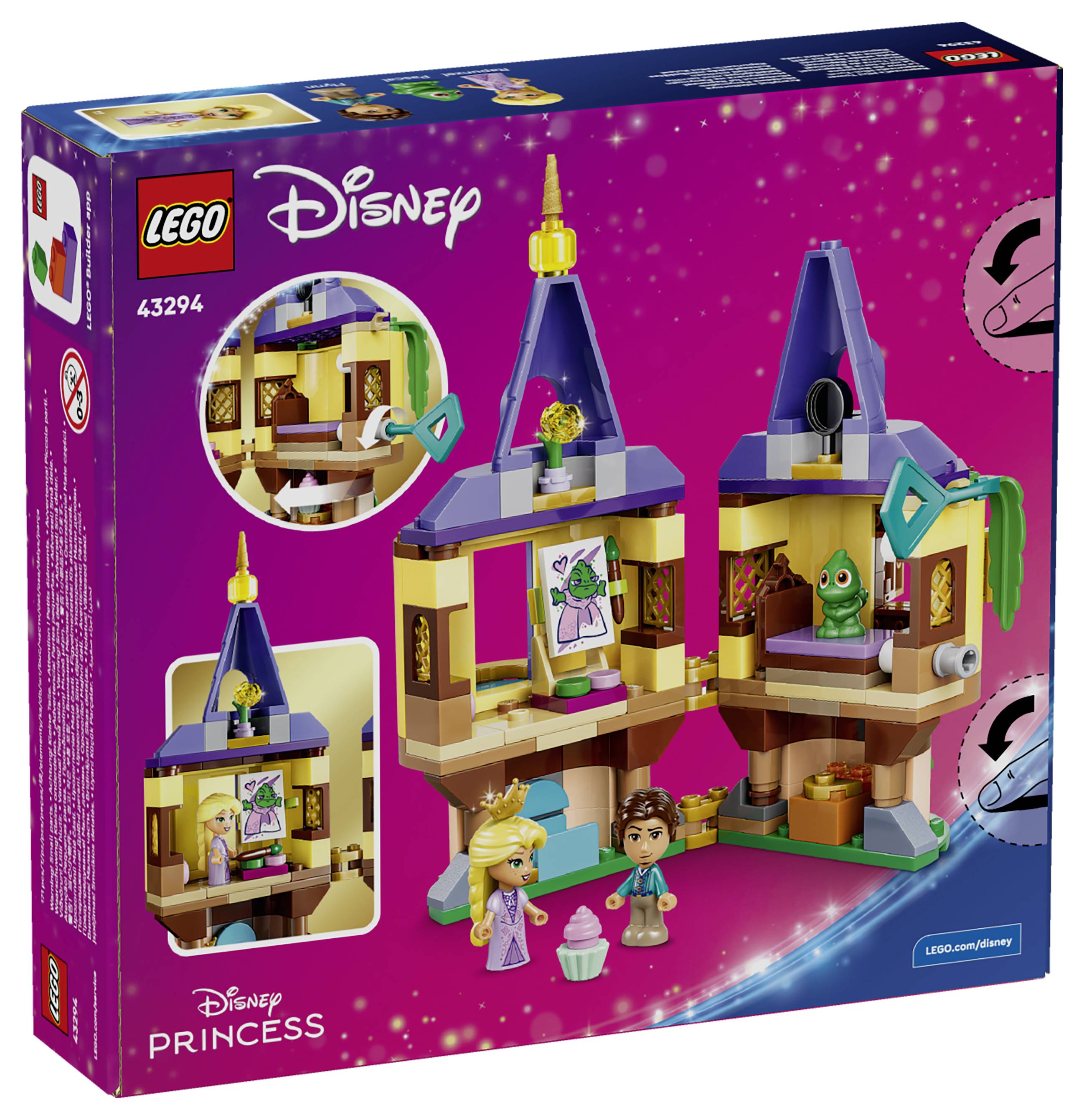LEGO Disney Princess Set-Schachtel mit zwei kleinen Schlosstürmen, Rapunzel-, Flynn Rider- und Pascal-Minifiguren auf rosa Hintergrund.