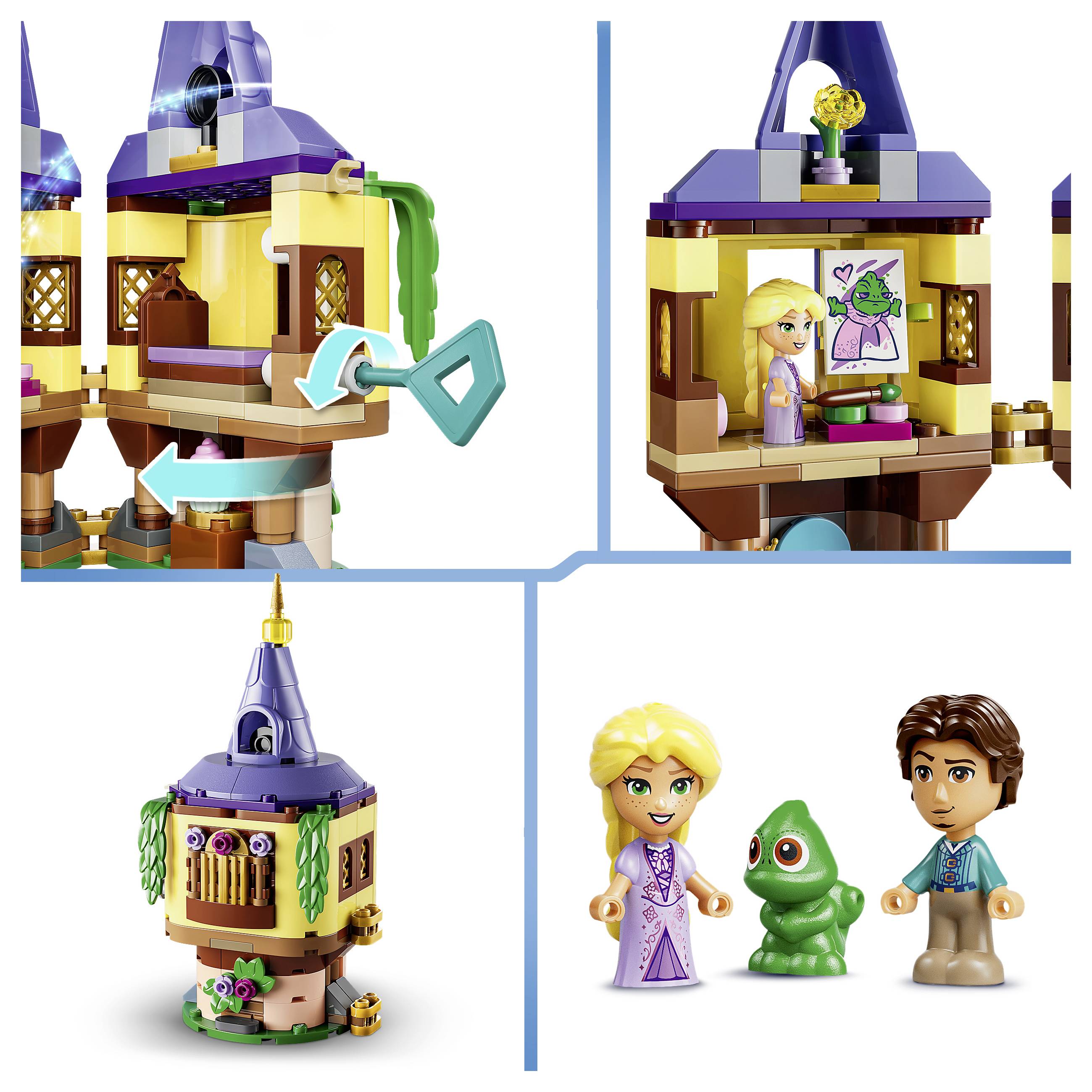 LEGO-Set mit einem turmartig aussehenden Baumhaus mit einem aufklappbaren Innenraum, einer blonden Minifigur, einem grünem Kreaturenbild, zwei Minifiguren plus einer kleinen grünen froschähnlichen Figur.