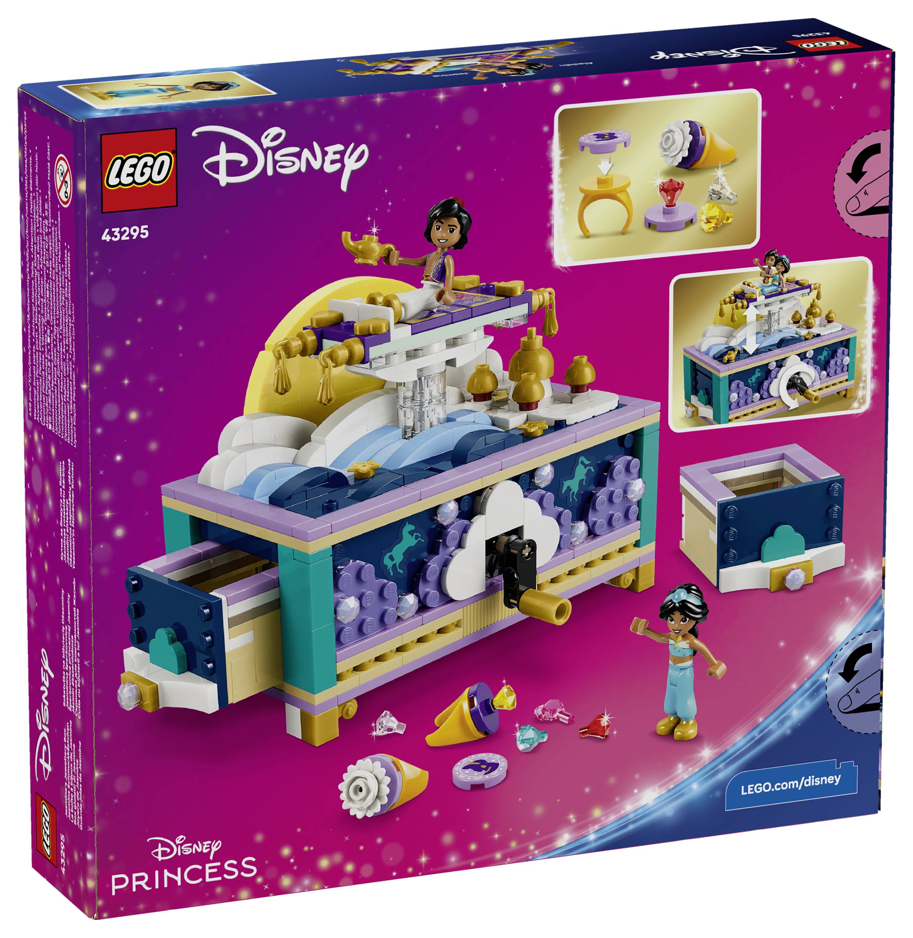 LEGO Disney Prinzessinnen-Set 43295 Schachtelkunst mit einer farbenfrohen zusammenbaubaren Schatztruhe mit Mini-Puppen-Figuren und Zubehör sowie eingefügte Ansichten des Modells und der Teile.